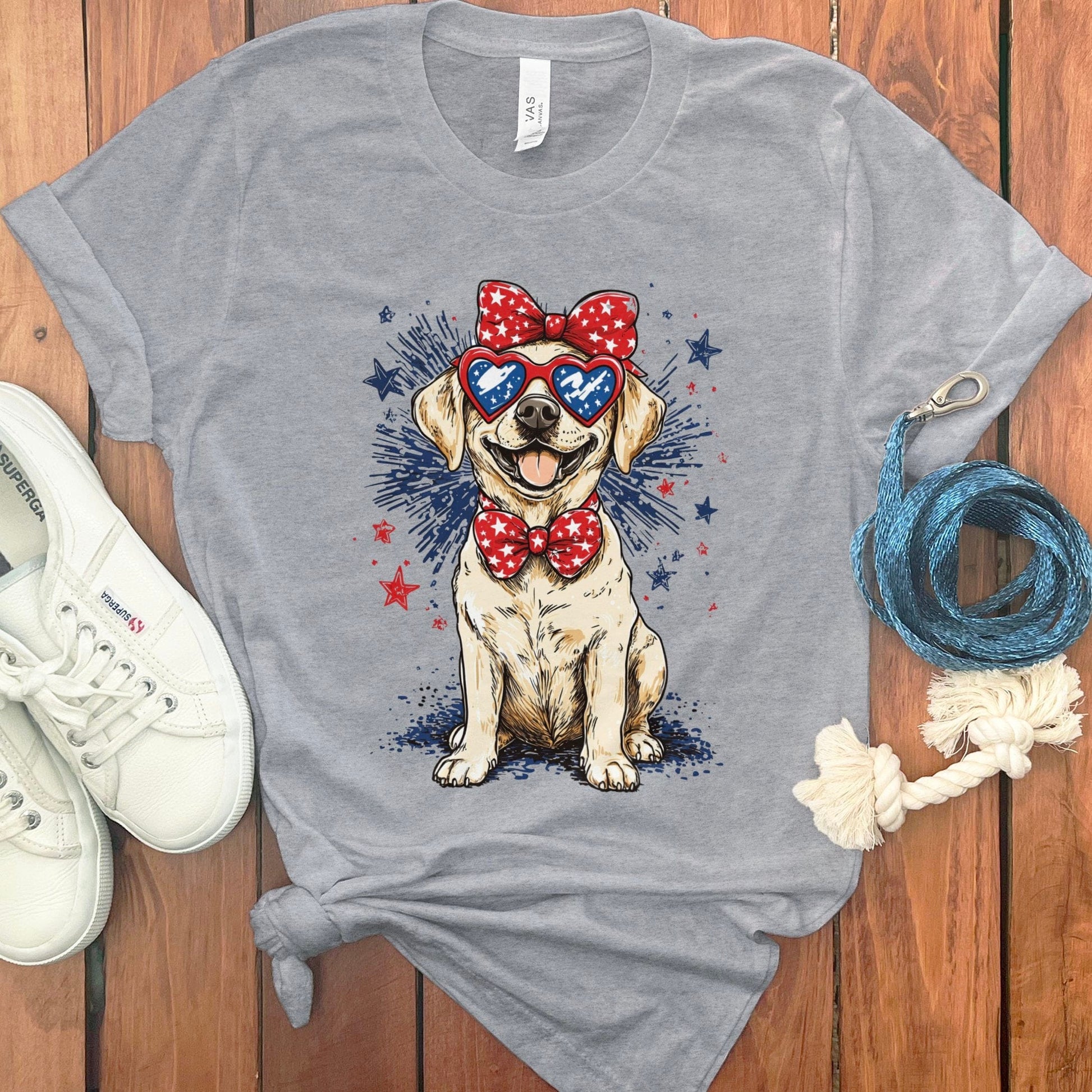 Patriotic Dog Graphic Tee with Bow and Stars product type