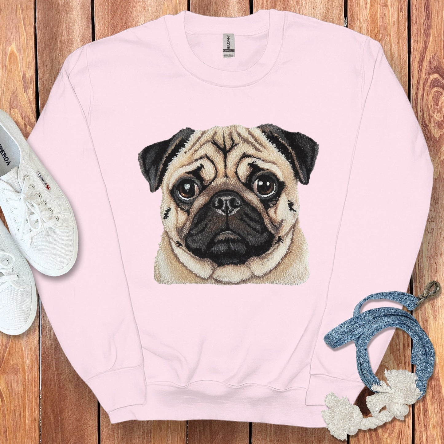 Cute Pug Face Design on Light Pink Sweatshirt