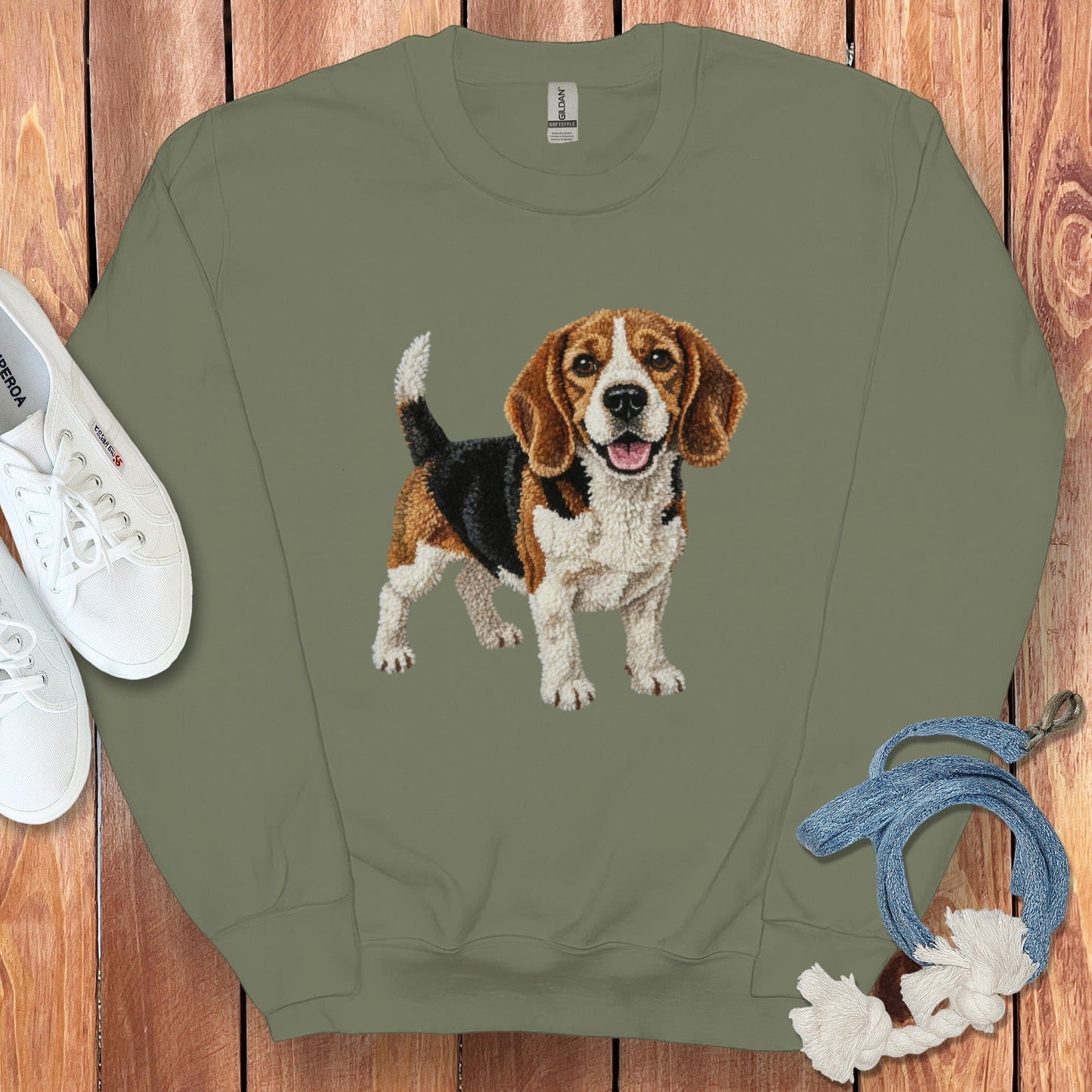 Happy Beagle Dog on Green Sweatshirt Product