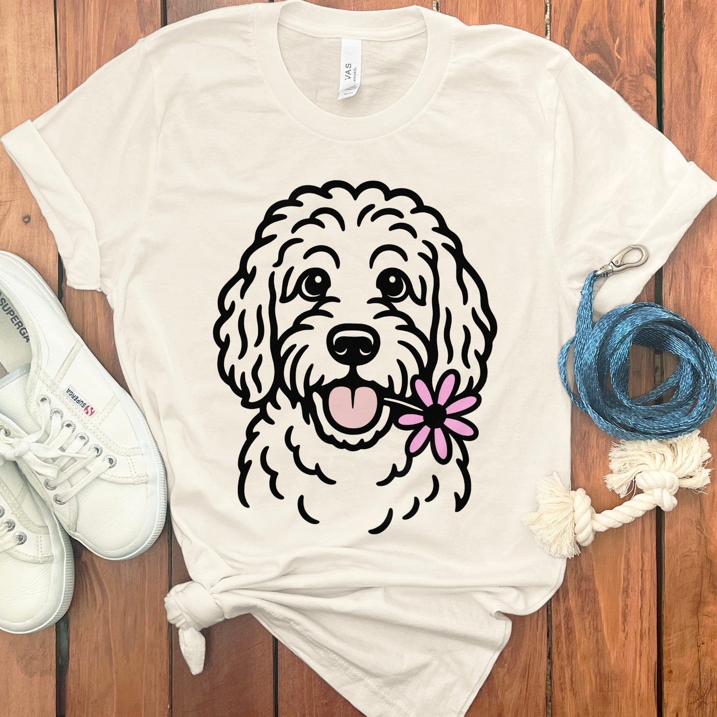 Adorable Dog with Flower on White Graphic T-shirt product