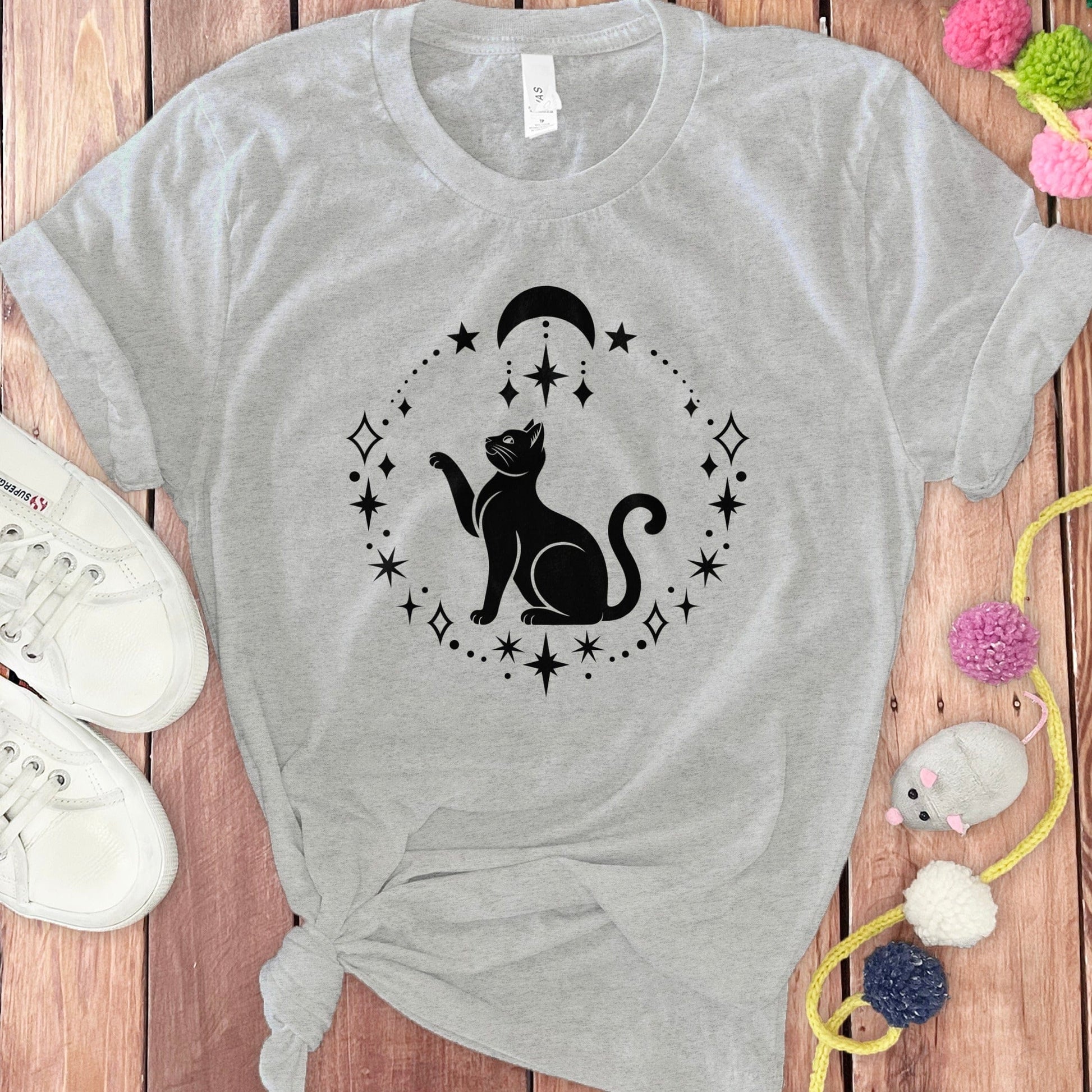 Moon and Stars Cat Design Gray T-shirt product