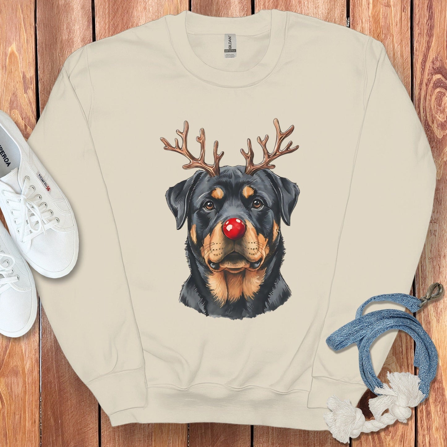 Rottweiler with Reindeer Antlers Sweatshirt Product