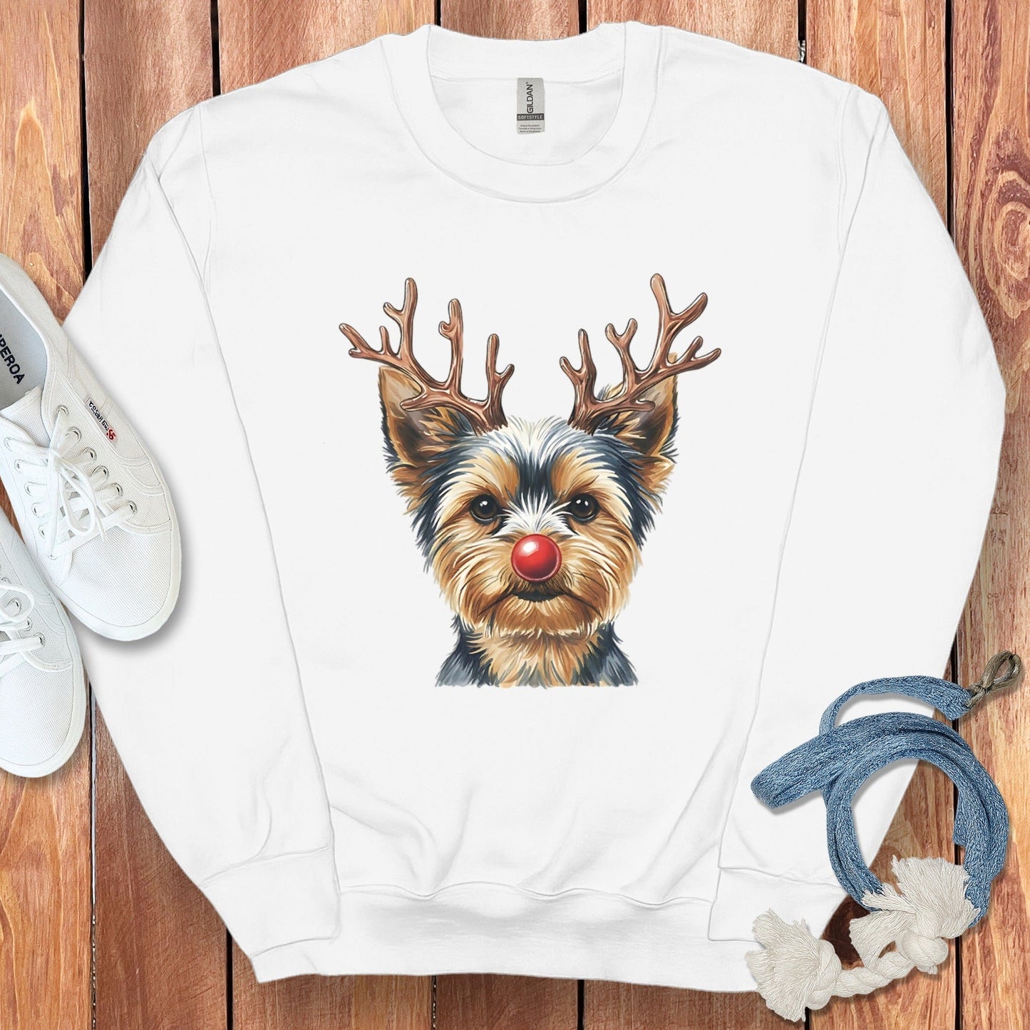 Festive Yorkie with Reindeer Antlers Sweatshirt