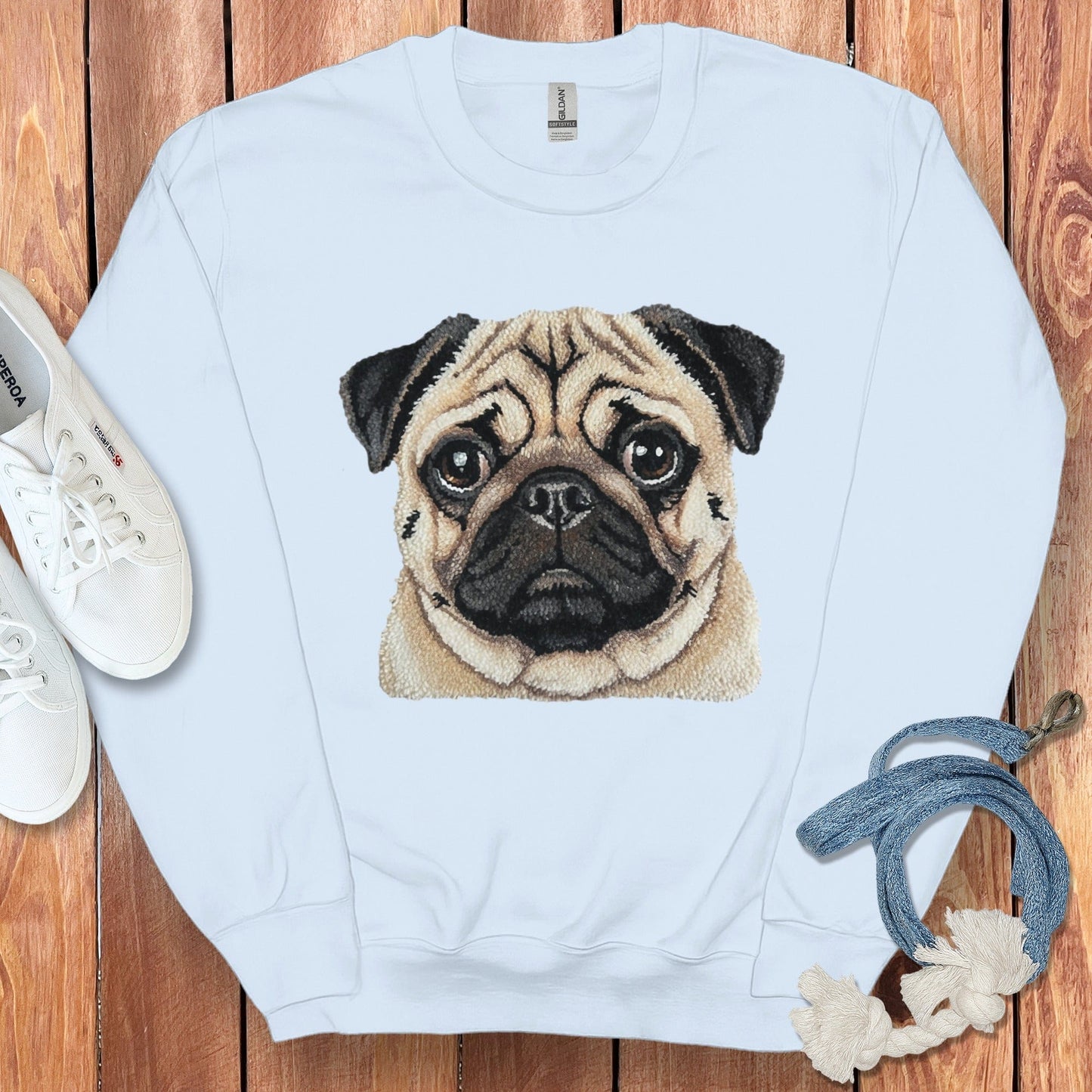 Adorable Pug Face Printed on Cozy Sweatshirt Product