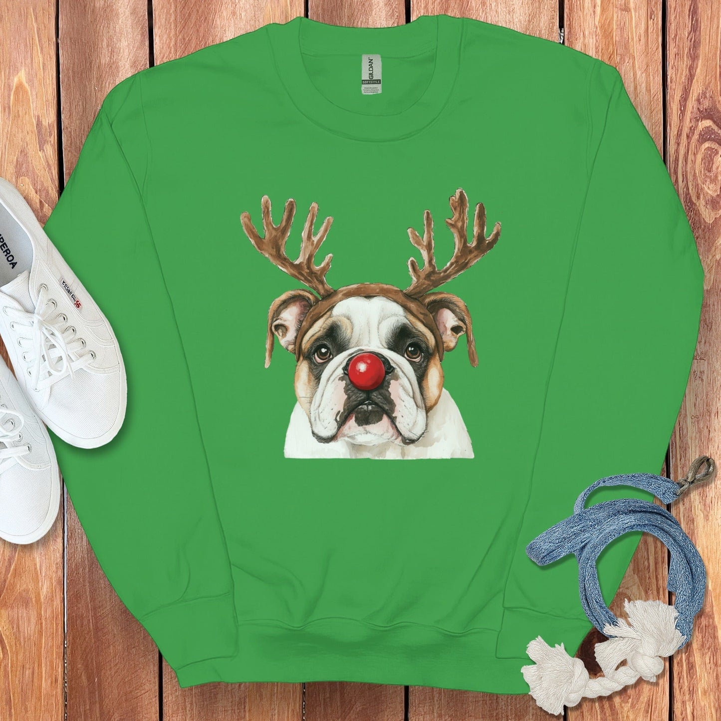Bulldog Wearing Reindeer Antlers Christmas Sweatshirt