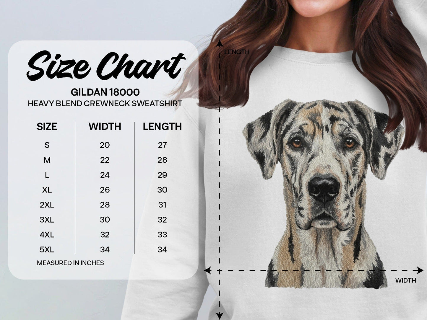 Realistic Dog Print Sweatshirt with Size Chart