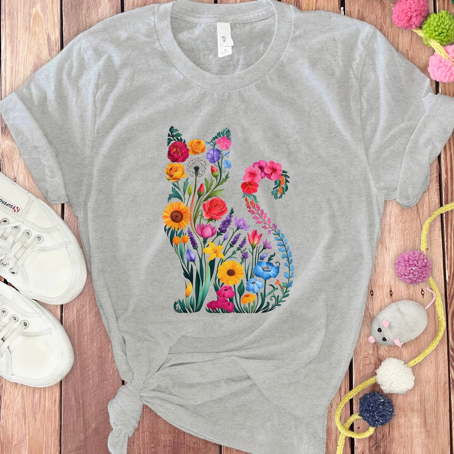 Floral Cat Graphic Design on Grey T-Shirt product type