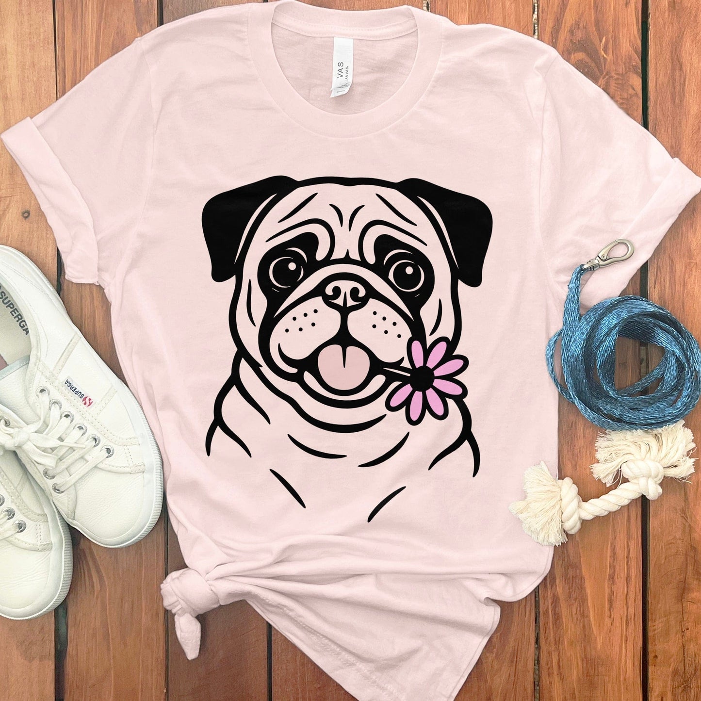 Cute Pug T-Shirt with Flower Design Clothing product type