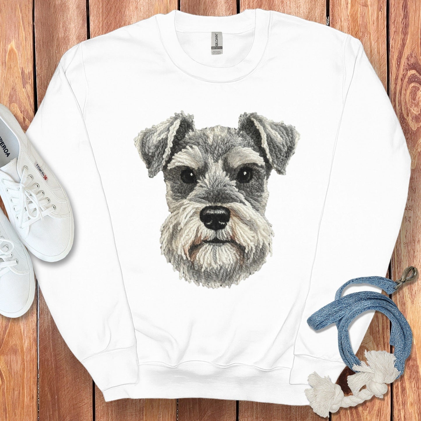 Cute Schnauzer Dog Face on White Sweatshirt