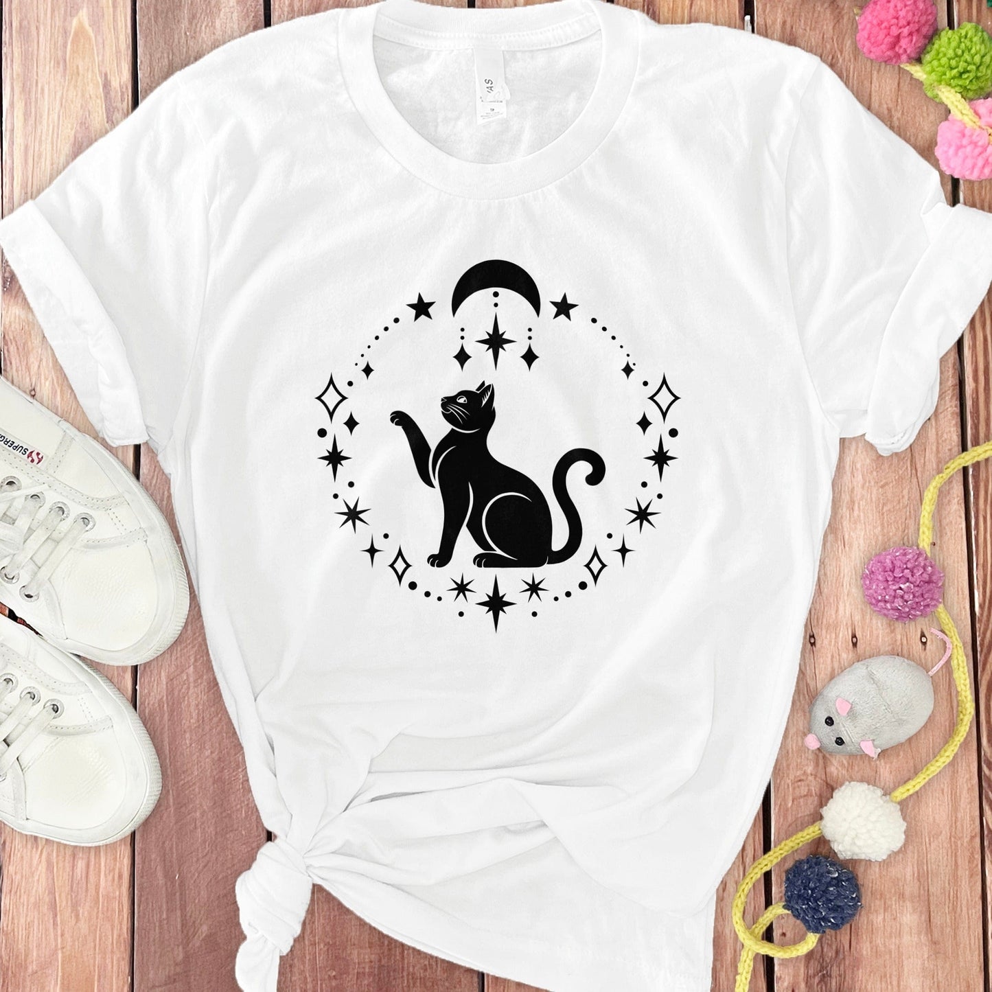 Celestial Cat with Moon and Stars Graphic T-Shirt product