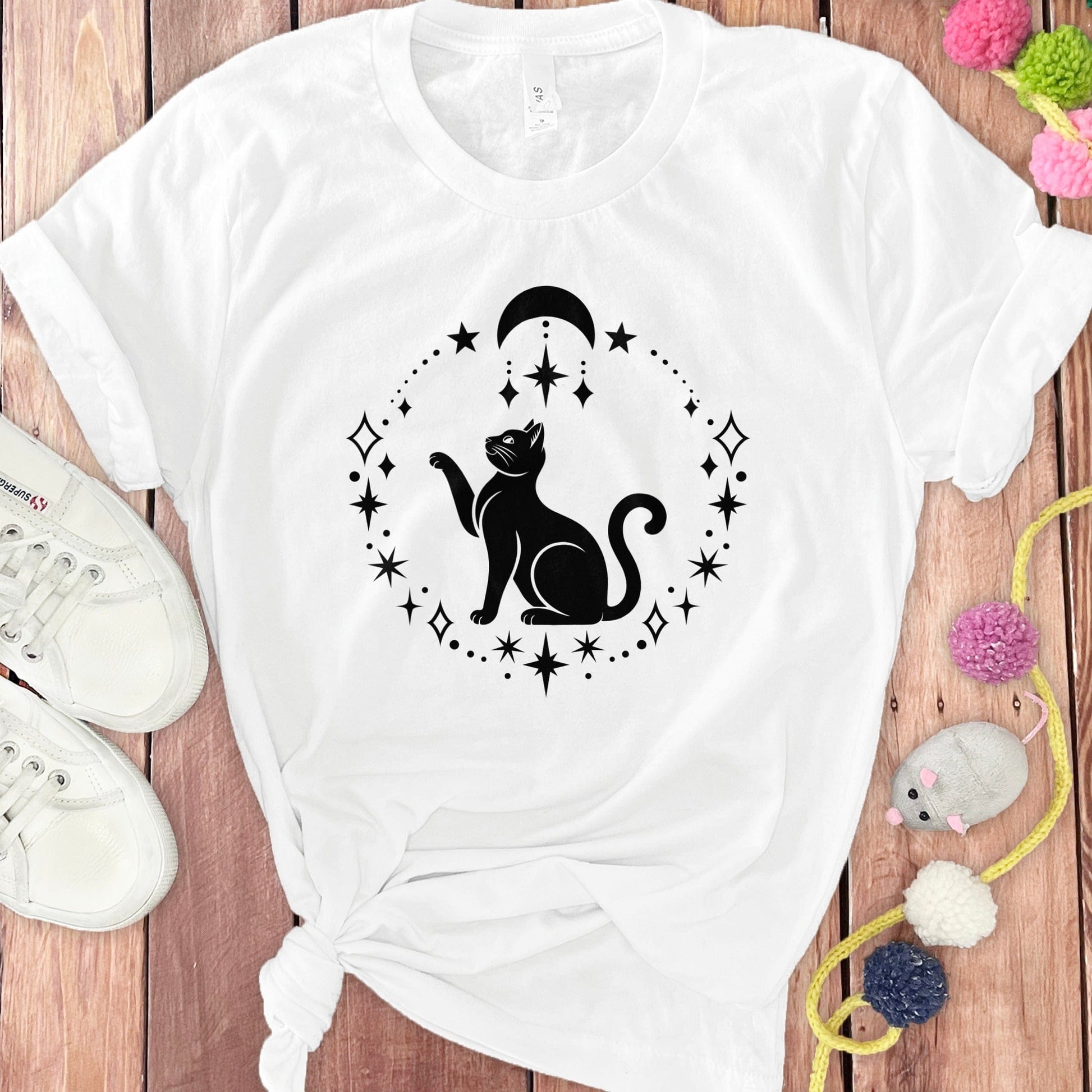 Celestial Cat with Moon and Stars Graphic T-Shirt product