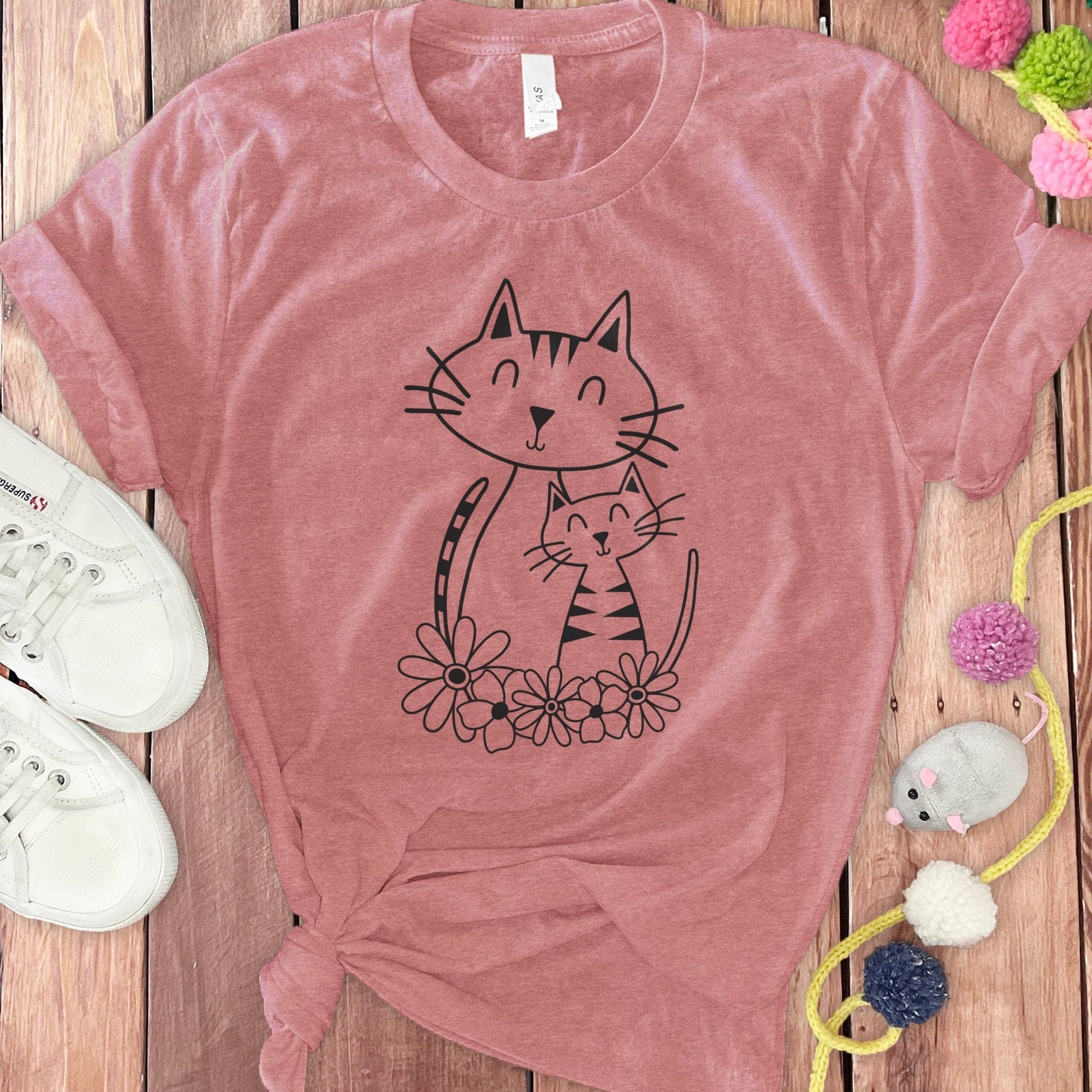 Cute Cat and Kitten with Flowers Graphic T-shirt product