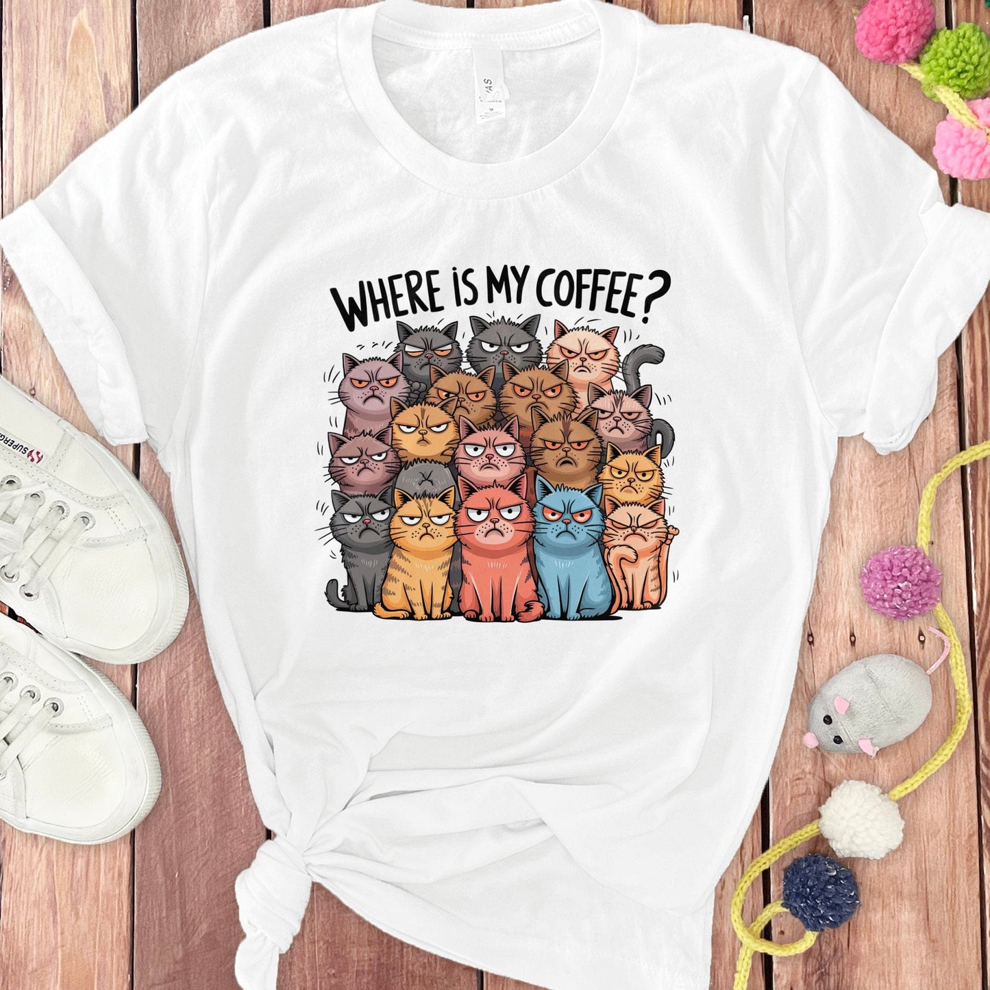 Where is My Coffee Cat Design White T-Shirt product type