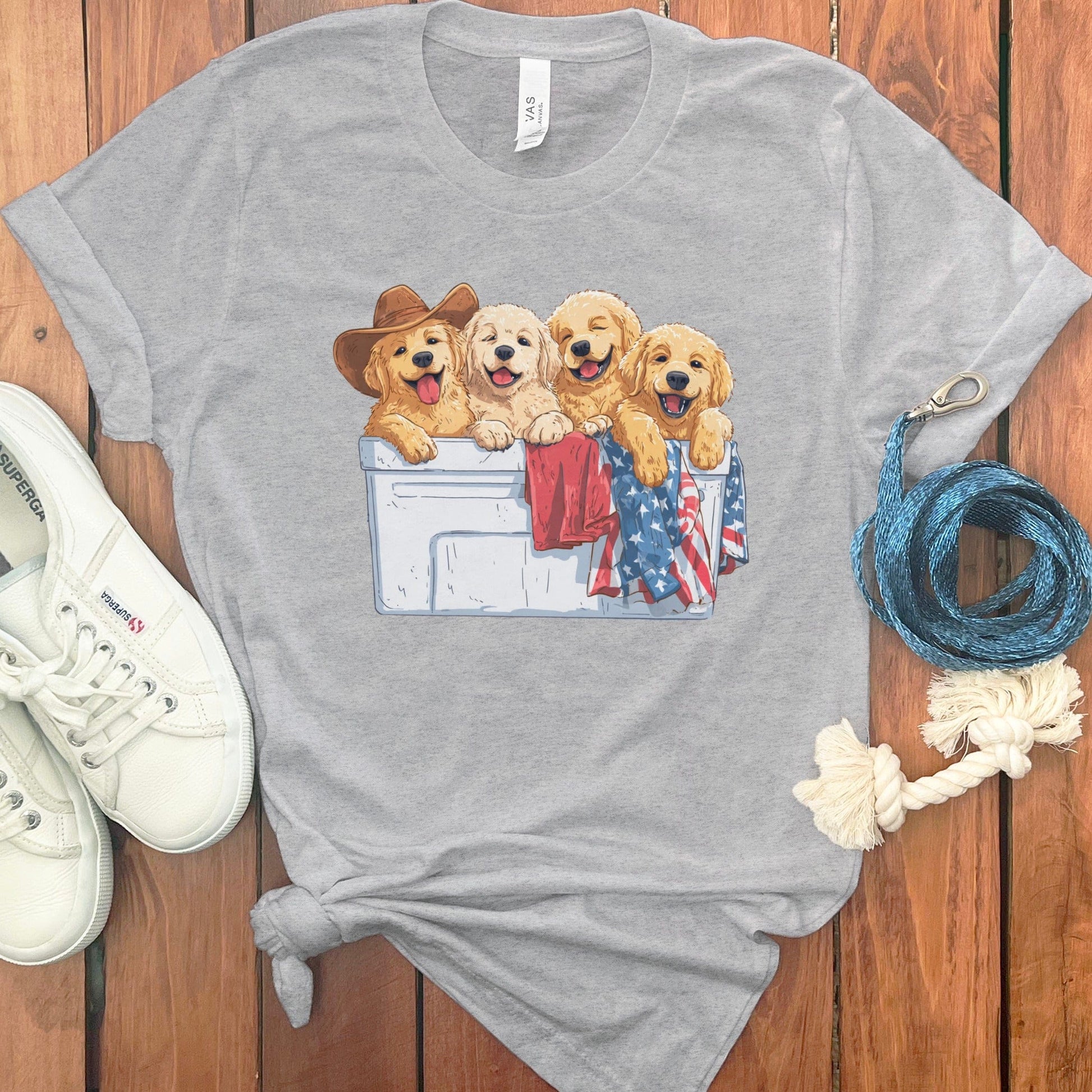 Adorable Puppies in Basket with American Flags product type