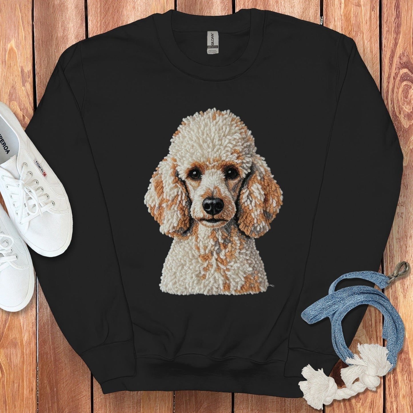 Poodle Dog Knitted Pattern on Black Sweatshirt