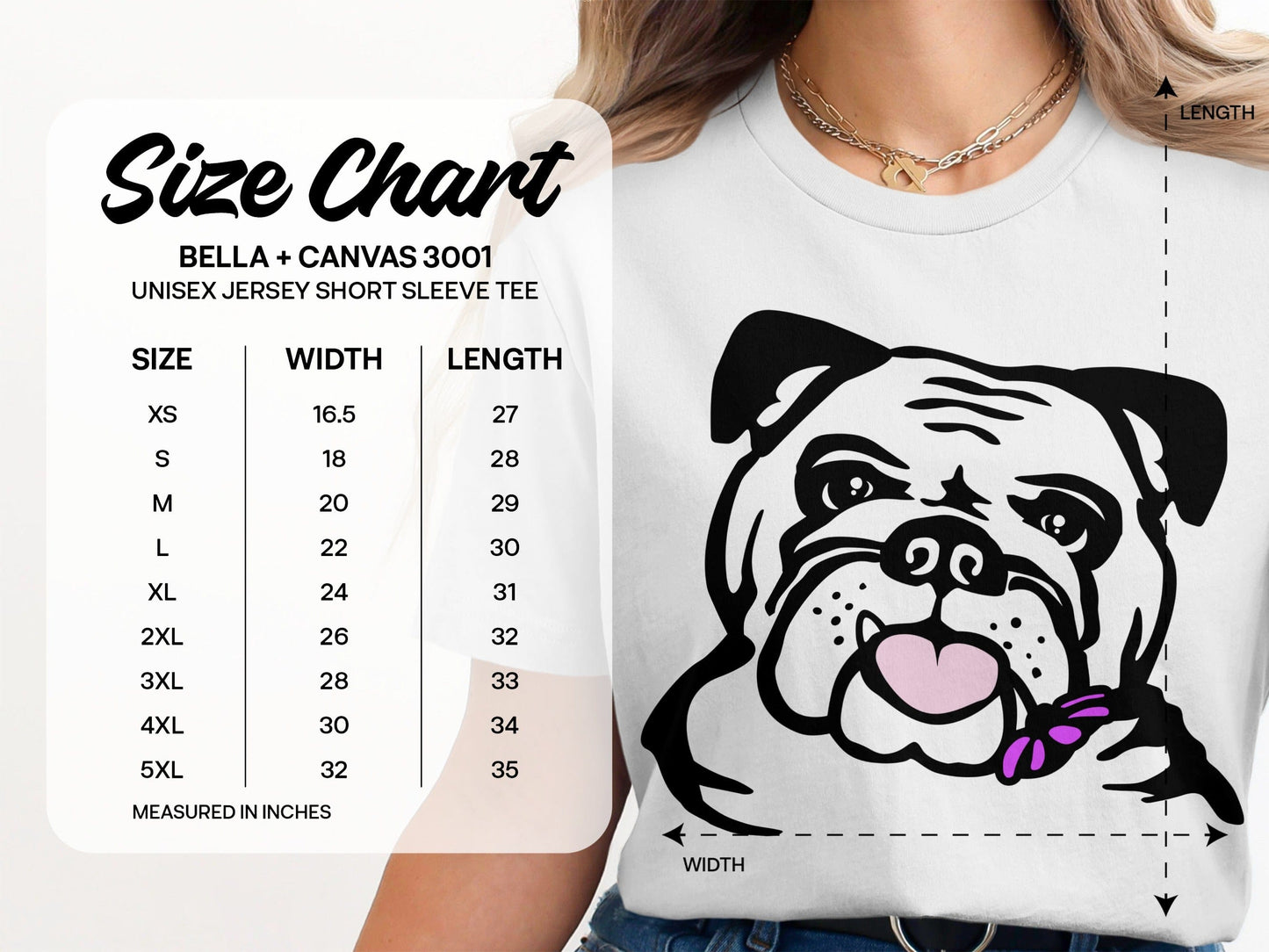 Cute Bulldog Graphic Tee Size Chart for T-Shirt Product