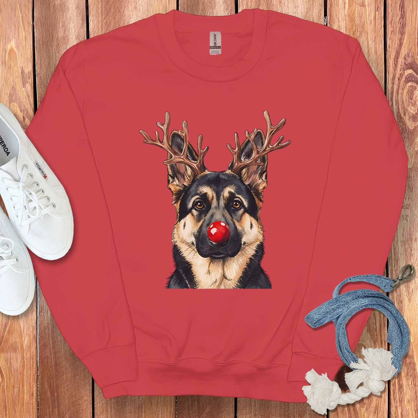 Christmas Dog with Reindeer Antlers Red Sweatshirt