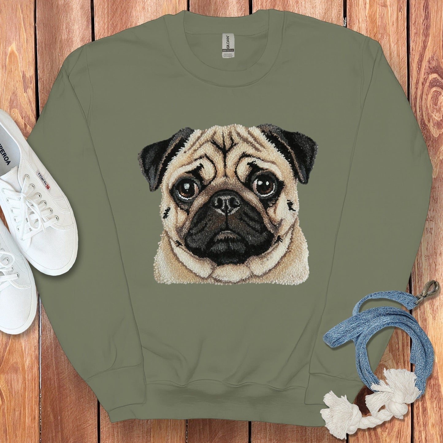 Olive Green Sweatshirt with Pug Face Graphic Design