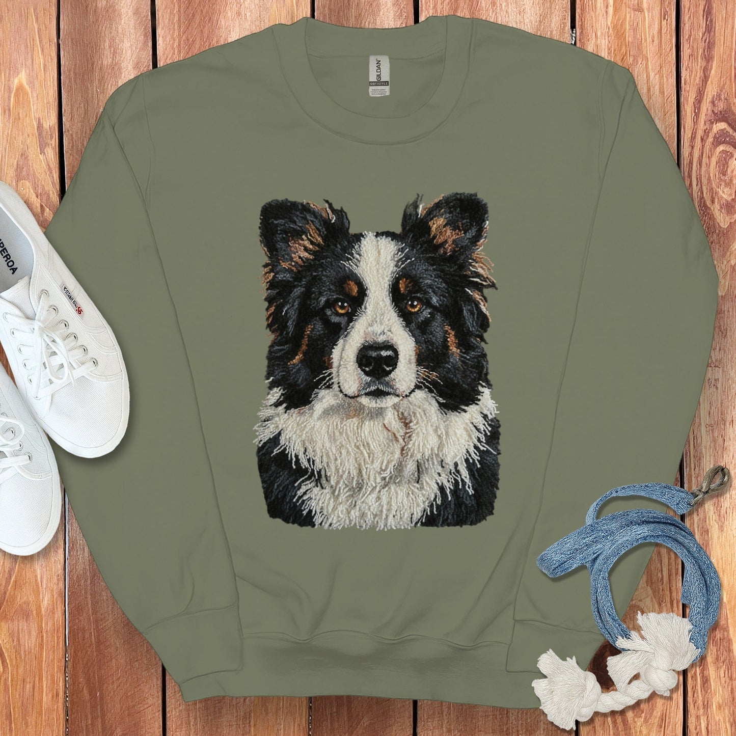 Cozy Green Sweatshirt with Cute Dog Illustration
