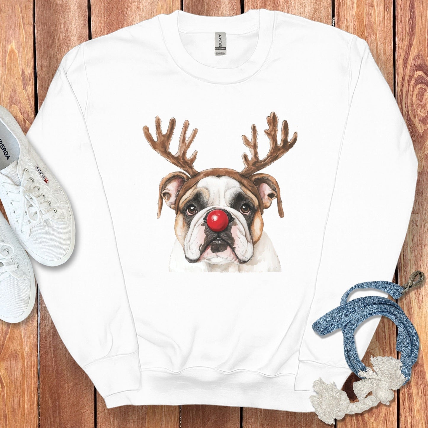 Festive Bulldog with Antlers Graphic Sweatshirt