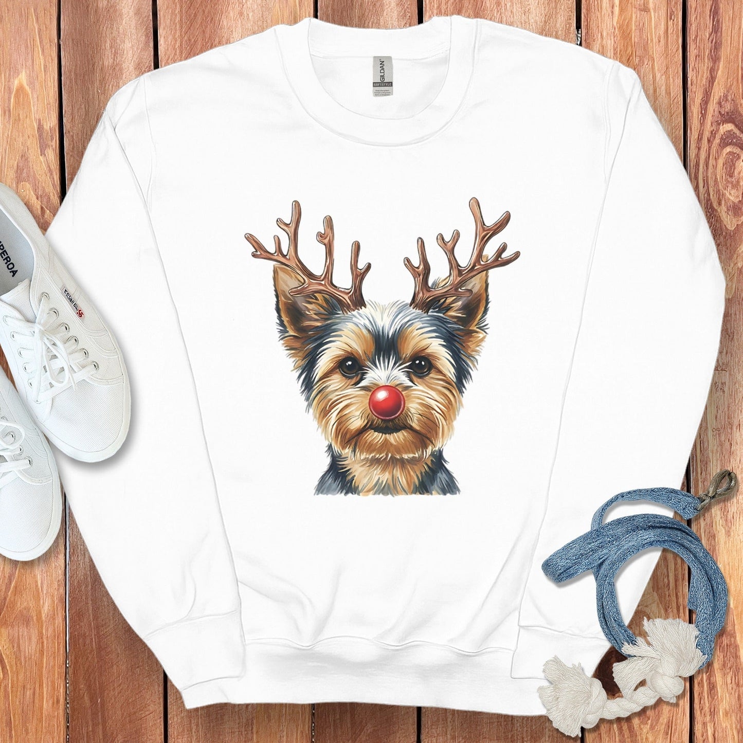 Cute Dog with Reindeer Antlers and Red Nose Sweatshirt