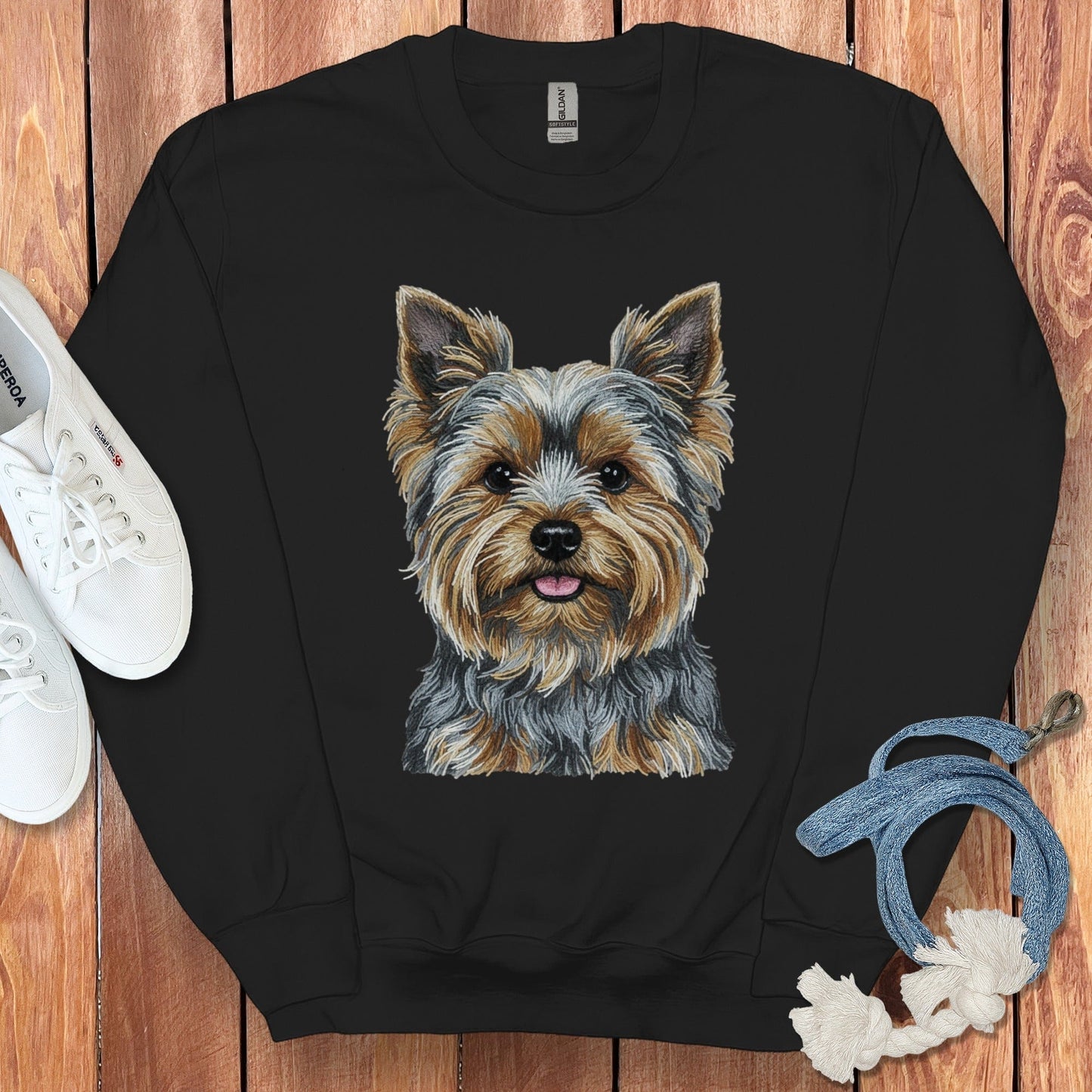 Cute Yorkie Dog Portrait on Black Pullover