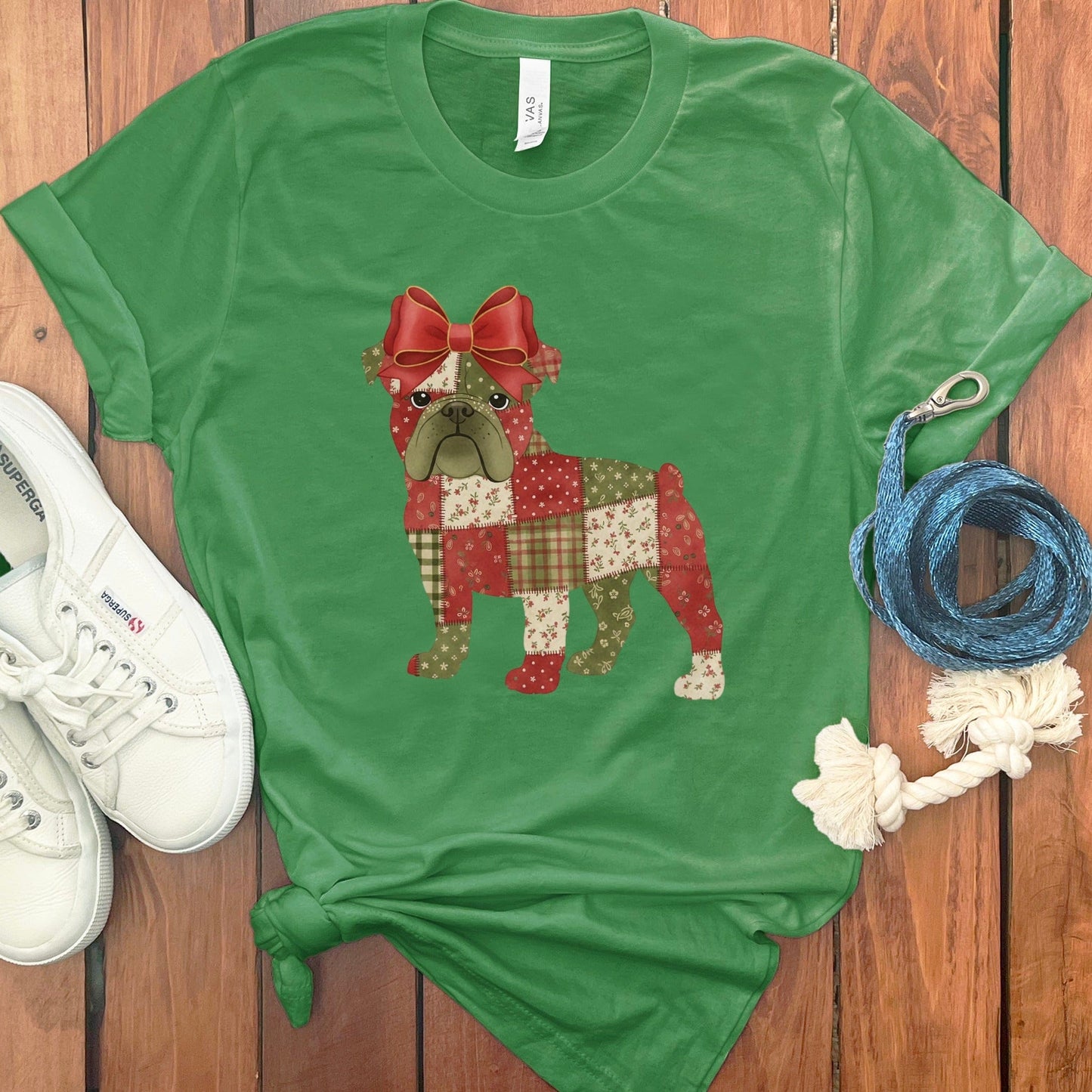 Bulldog with Red Bow Patchwork Graphic T-Shirt product