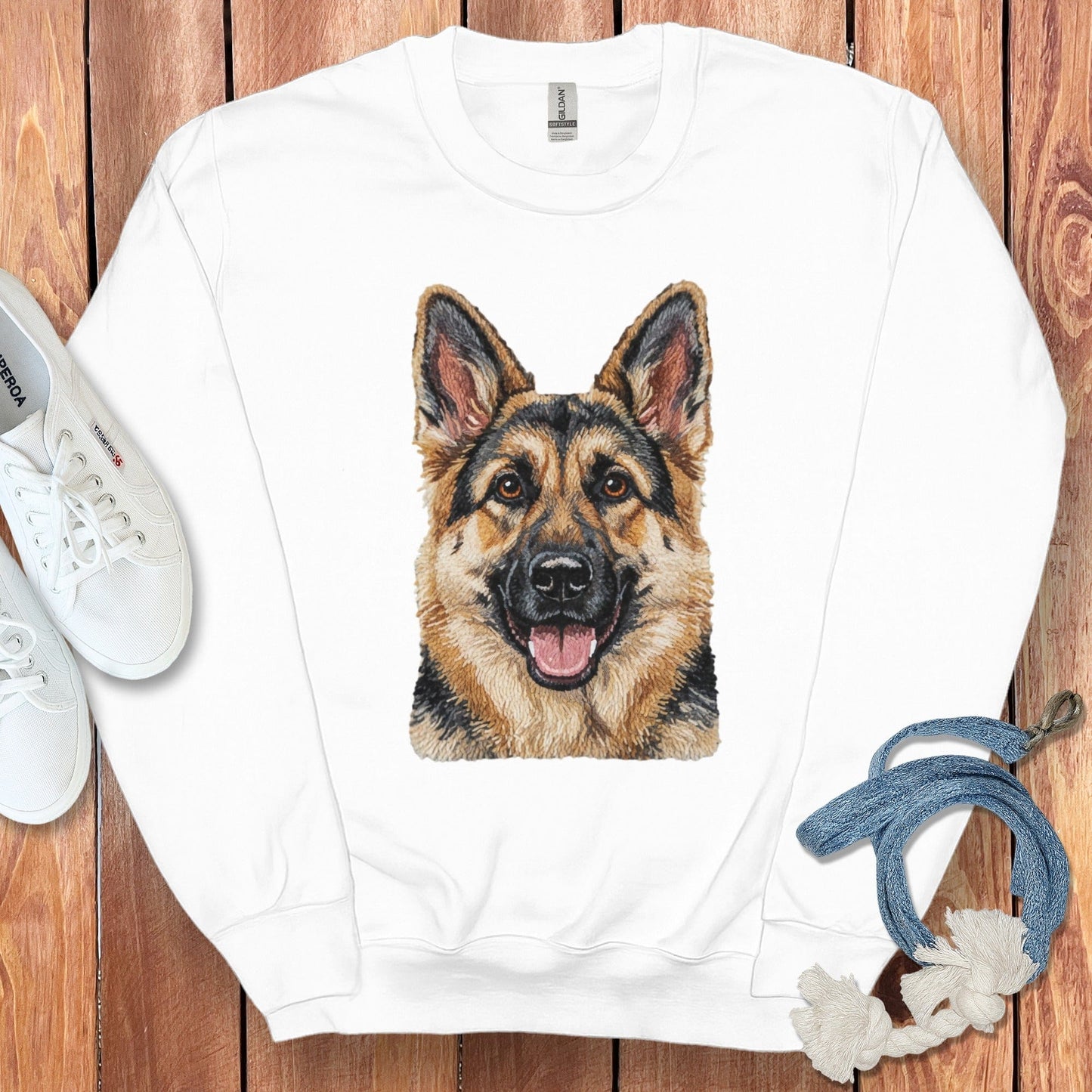German Shepherd Face Graphic White Pullover Sweatshirt