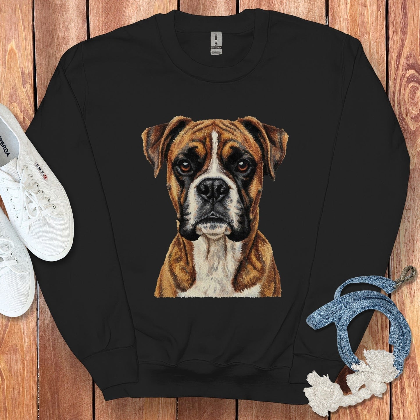 Realistic Boxer Dog Face Print on Black Sweatshirt