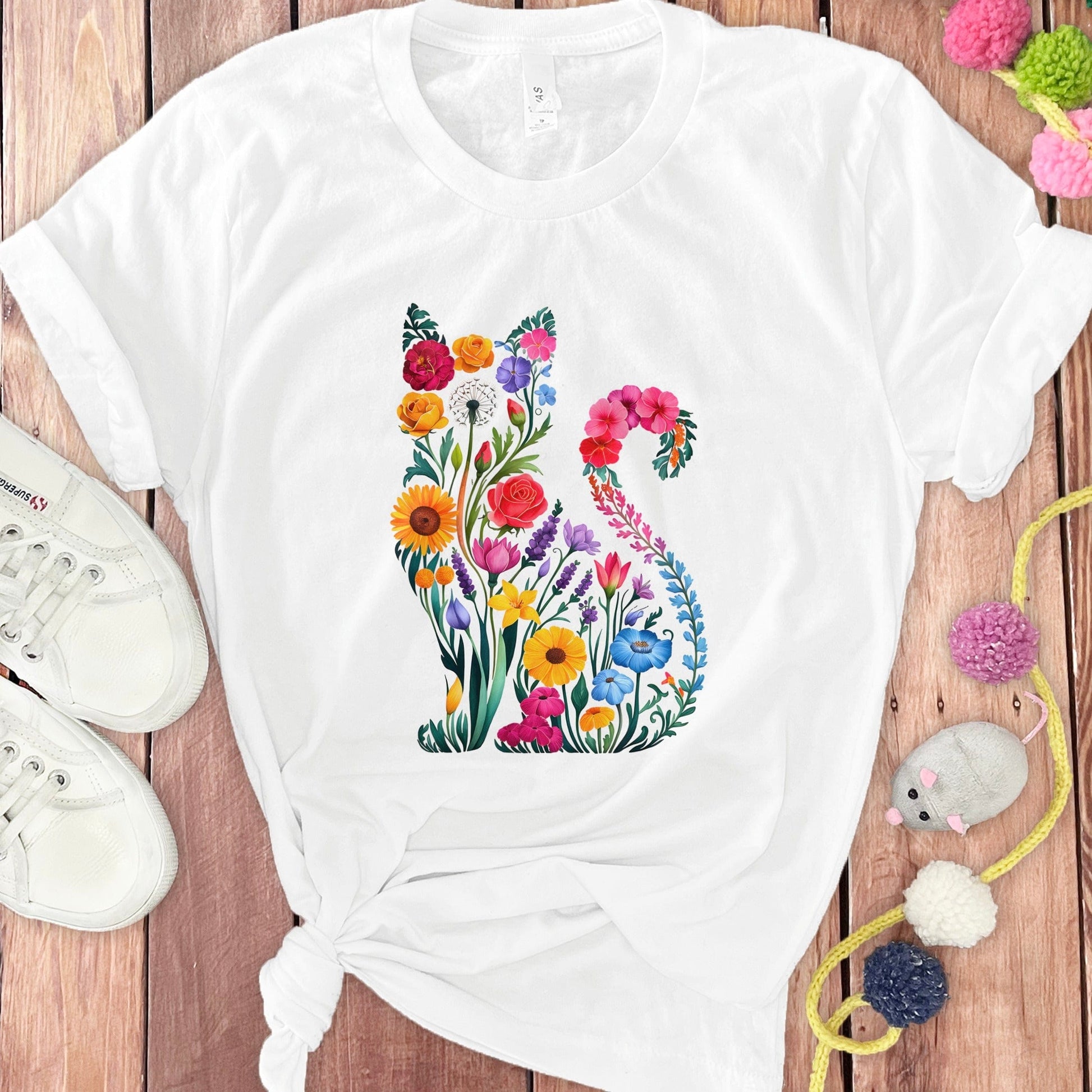 Floral Cat Graphic Print White Casual T-Shirt product type
