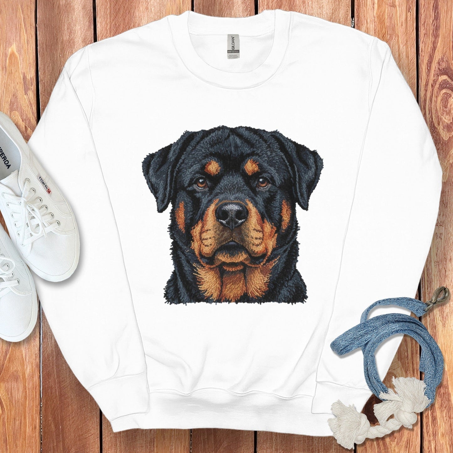 Rottweiler Face Detailed Print White Sweatshirt