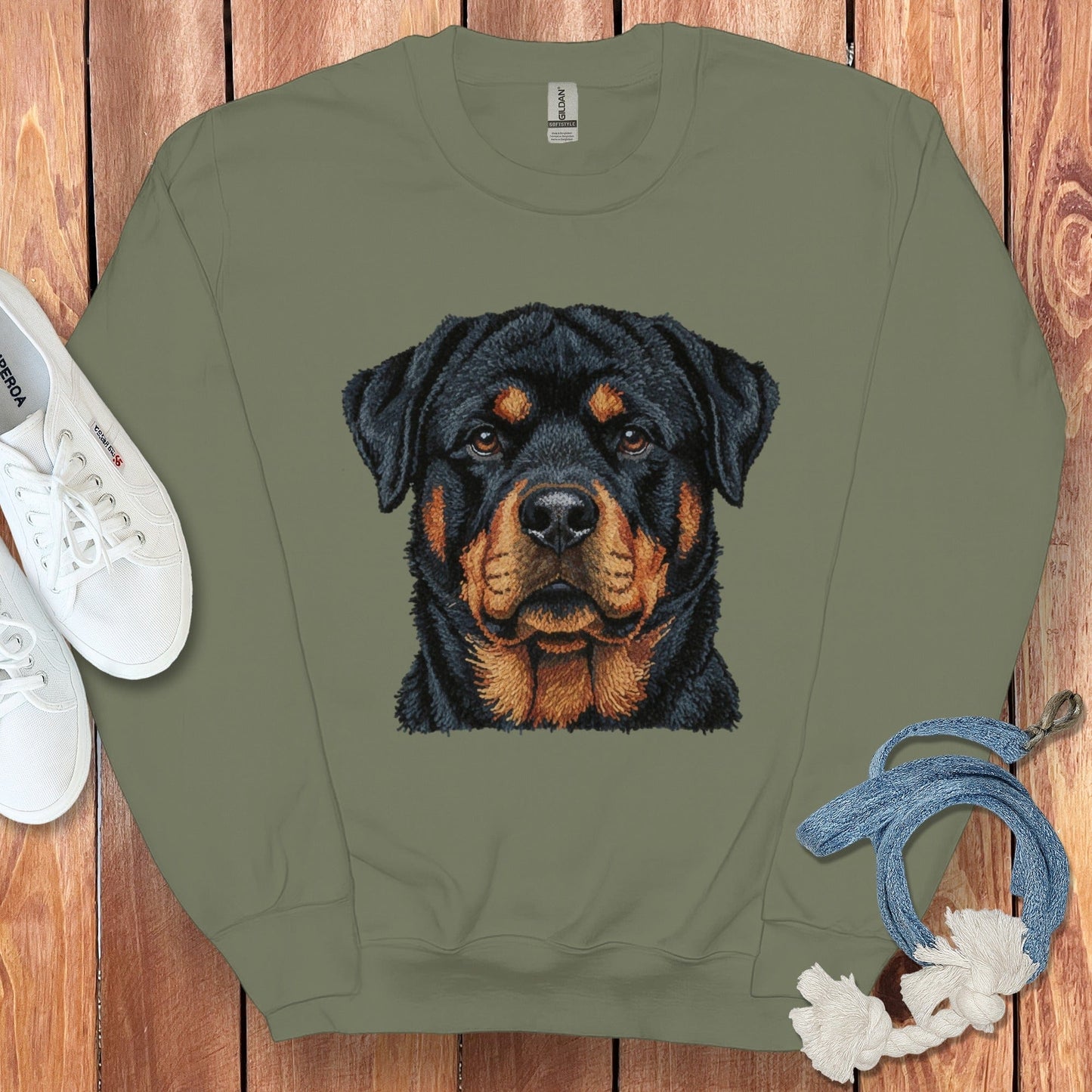 Rottweiler Dog Face Graphic Green Sweatshirt Product