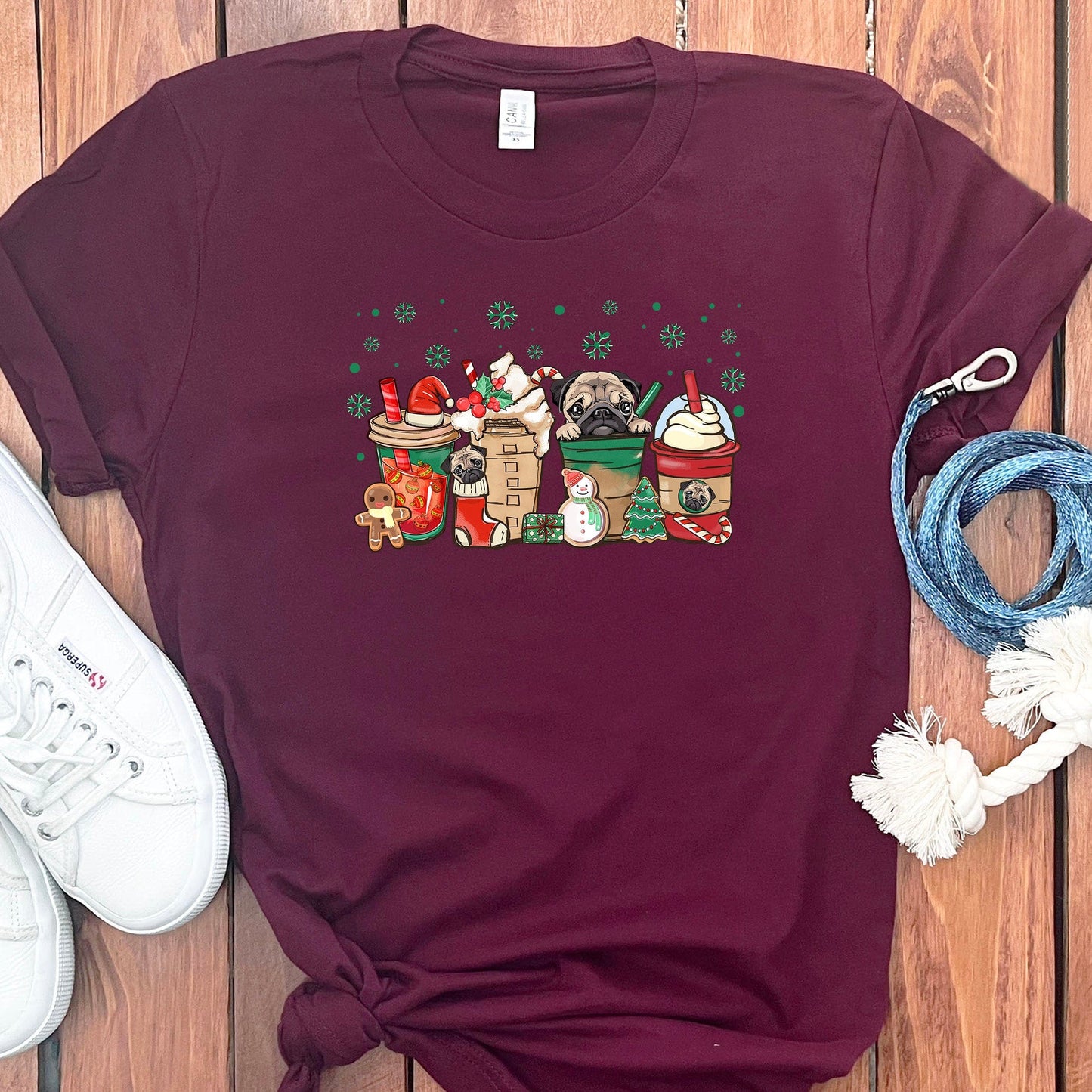 CHRISTMAS PUG COFFEE T-SHIRT