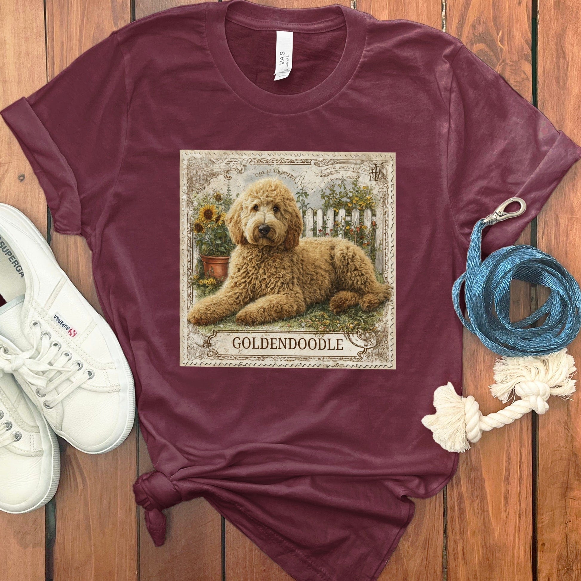 Adorable Goldendoodle Artwork on Maroon Tee product