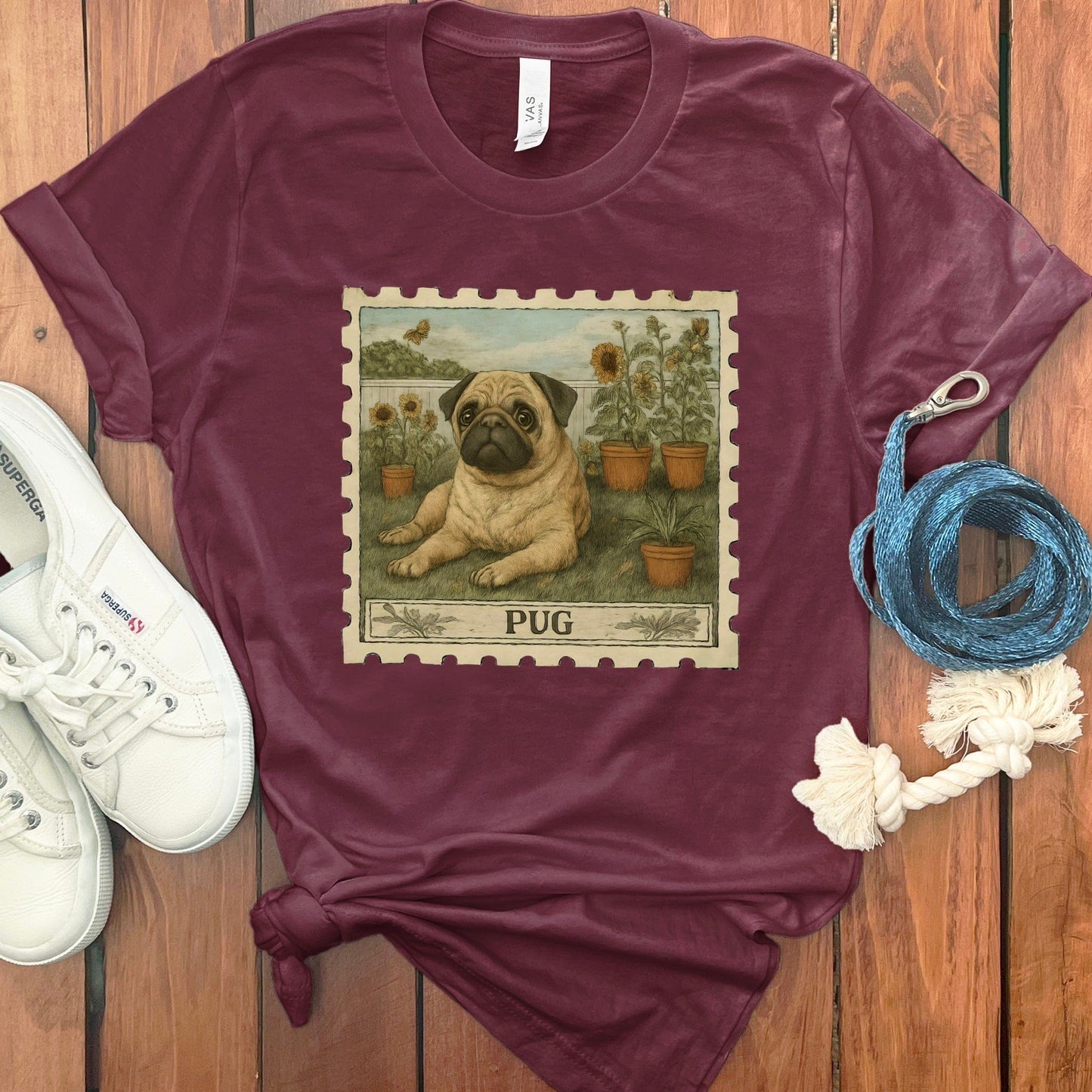 Vintage Pug Print Maroon T-Shirt Product