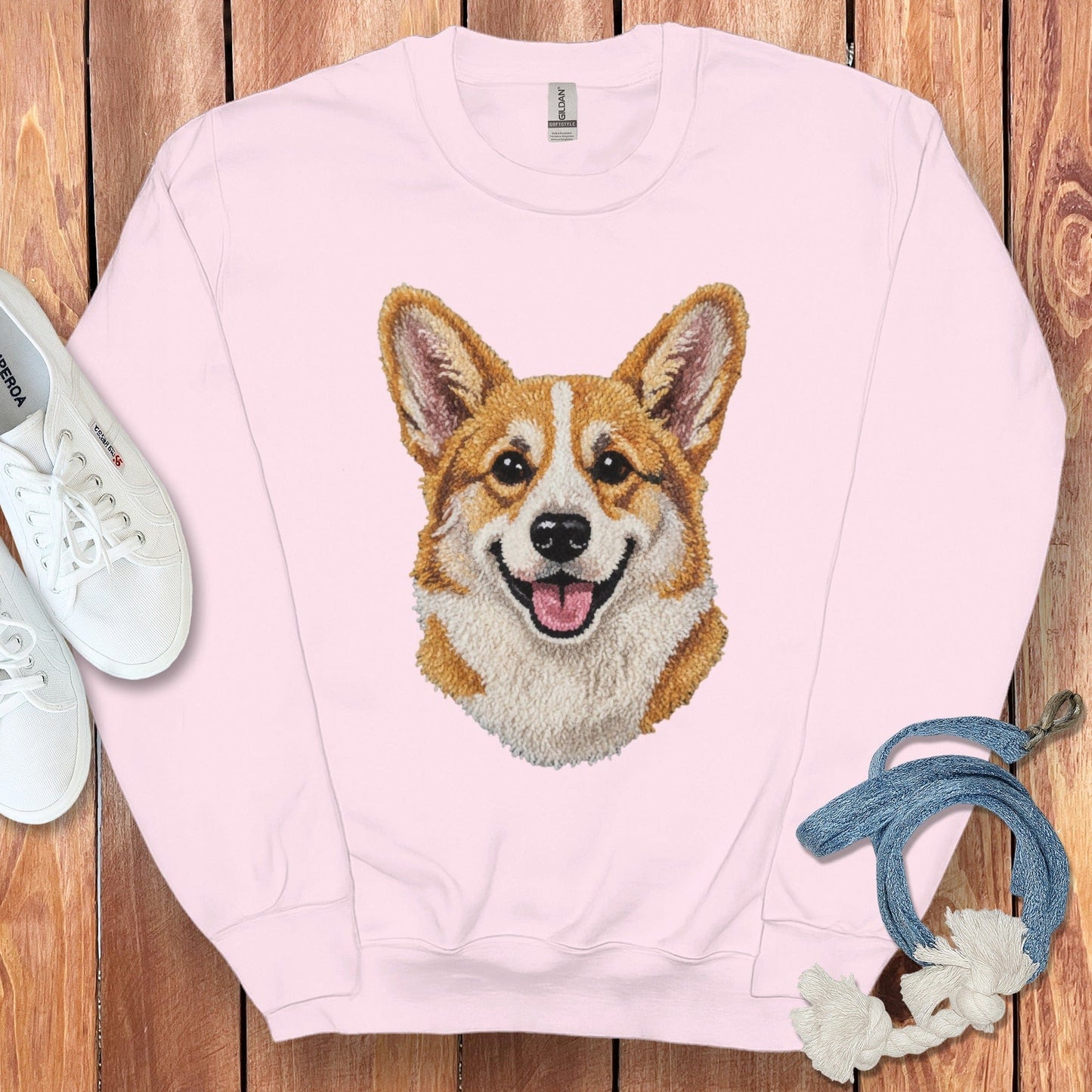 Cute Smiling Corgi Print on Light Pink Sweatshirt