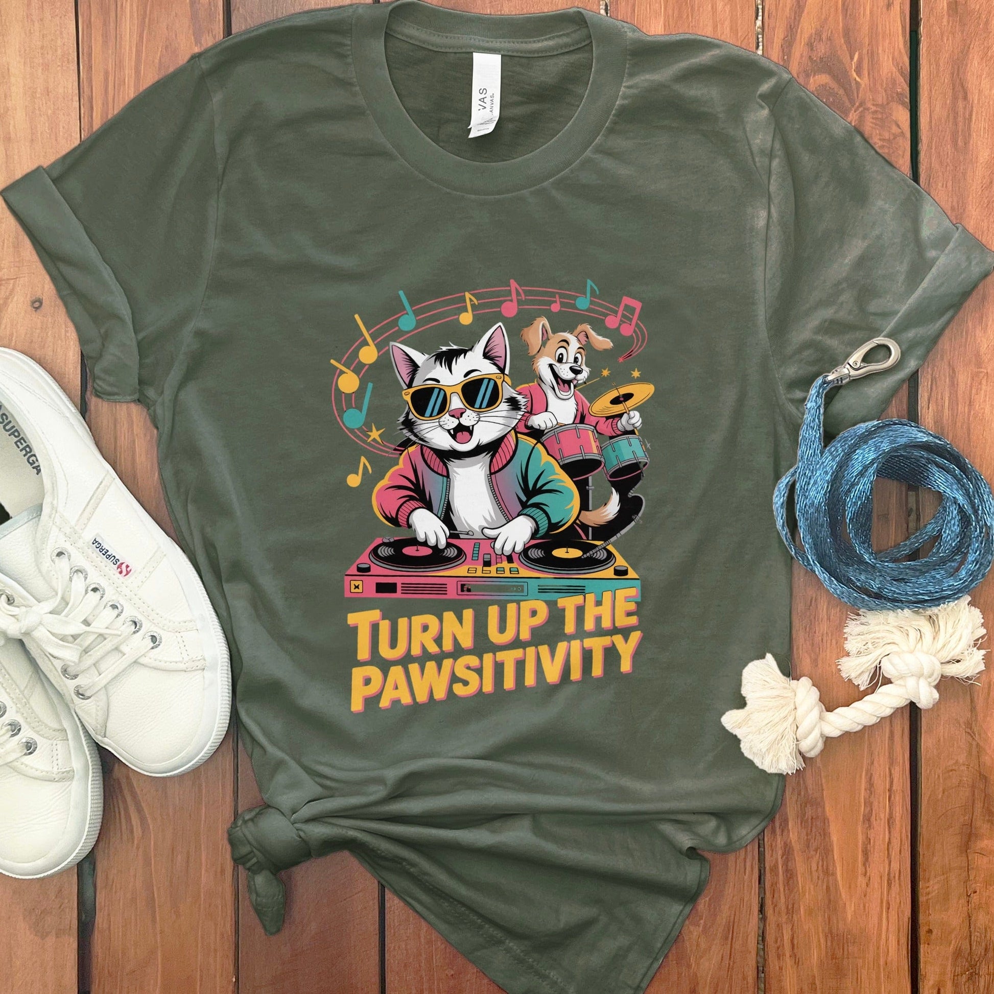 Turn Up The Pawsitivity Cat DJ Graphic T-Shirt product type