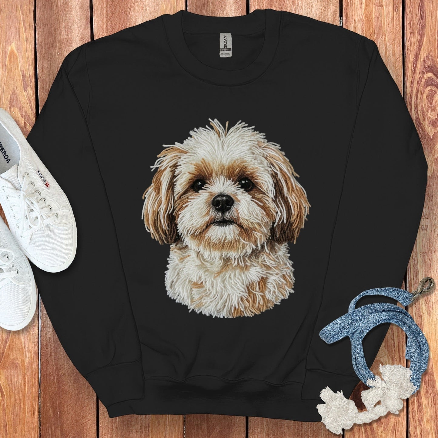 Adorable Shih Tzu Dog Print on Black Sweatshirt