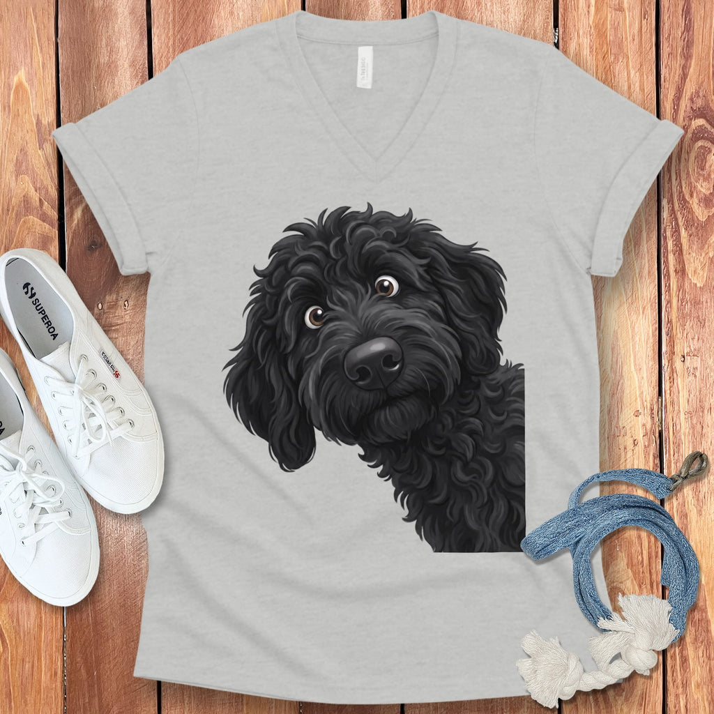 Funny Peeking Black Goldendoodle V-Neck T-Shirt in Athletic Heather / S by Puppy Jo