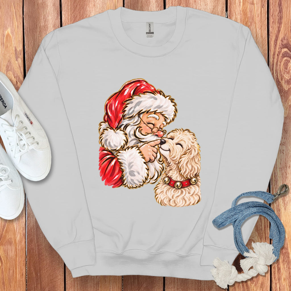 Cream Goldendoodle Santa Kiss Sweatshirt in Sport Grey / S by Puppy Jo