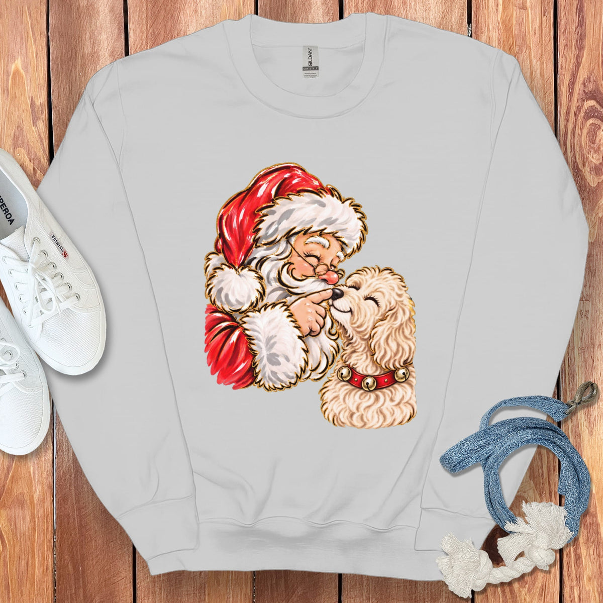 Cream Goldendoodle Santa Kiss Sweatshirt in Sport Grey / S by Puppy Jo