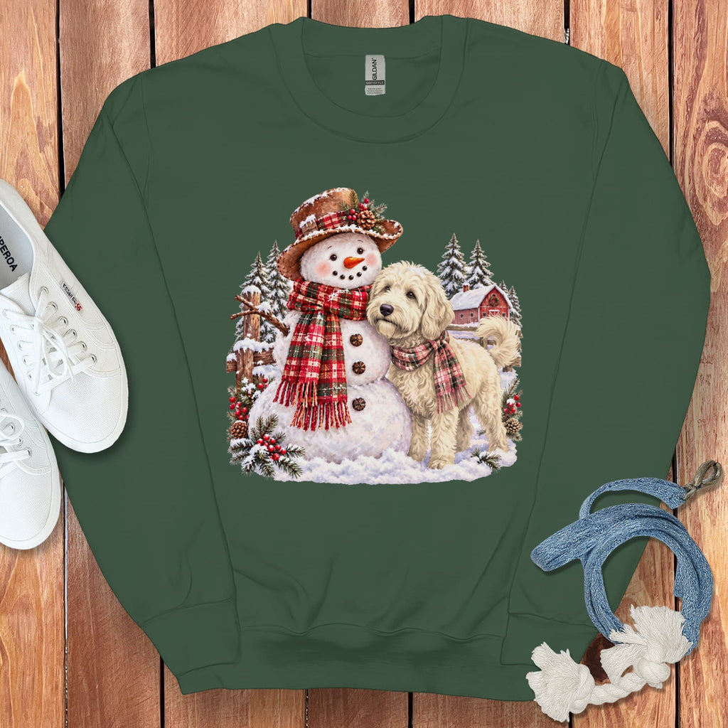 Cream Goldendoodle Christmas Snowman Sweatshirt in Forest Green / S by Puppy Jo