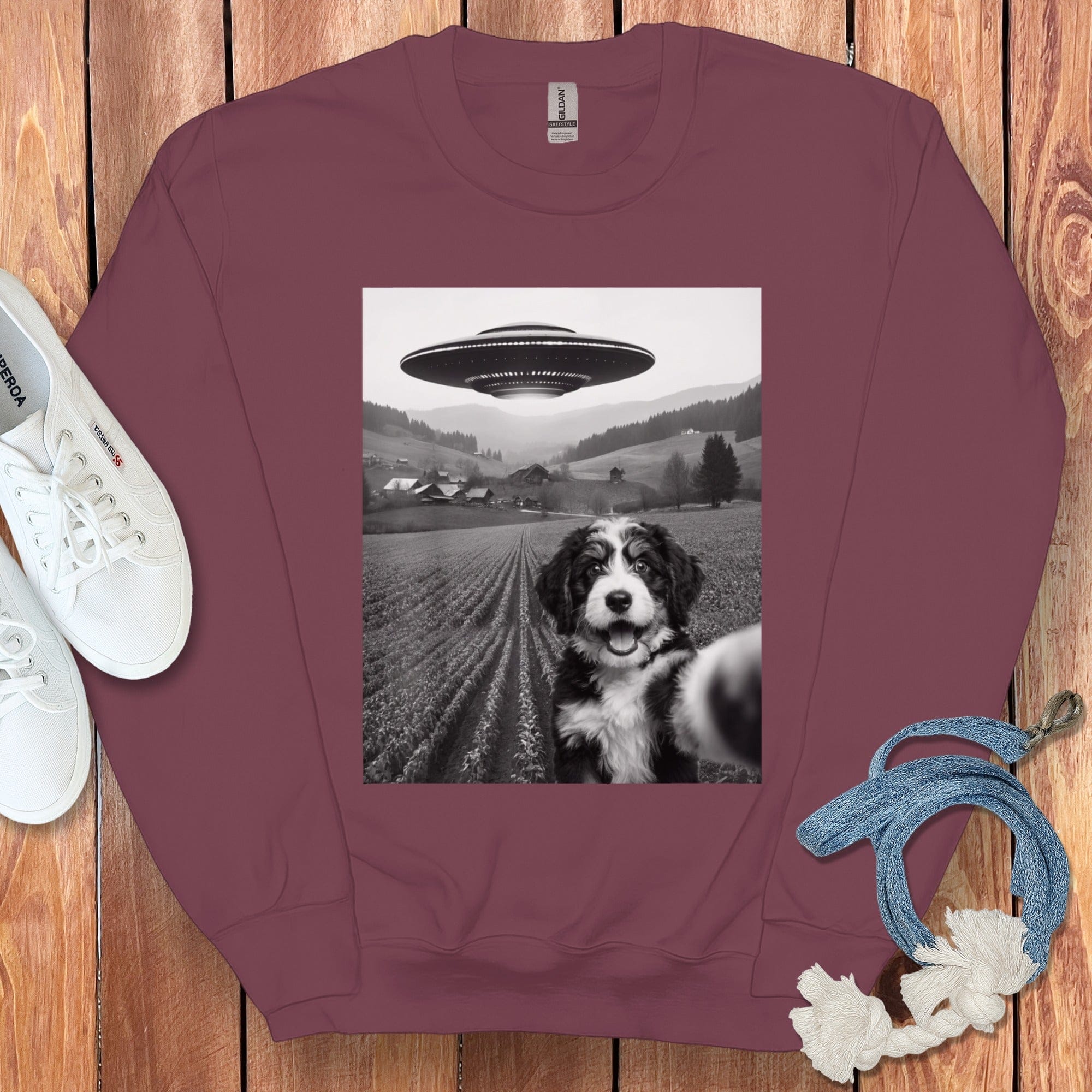 Dog with UFO Background Printed Sweatshirt Product