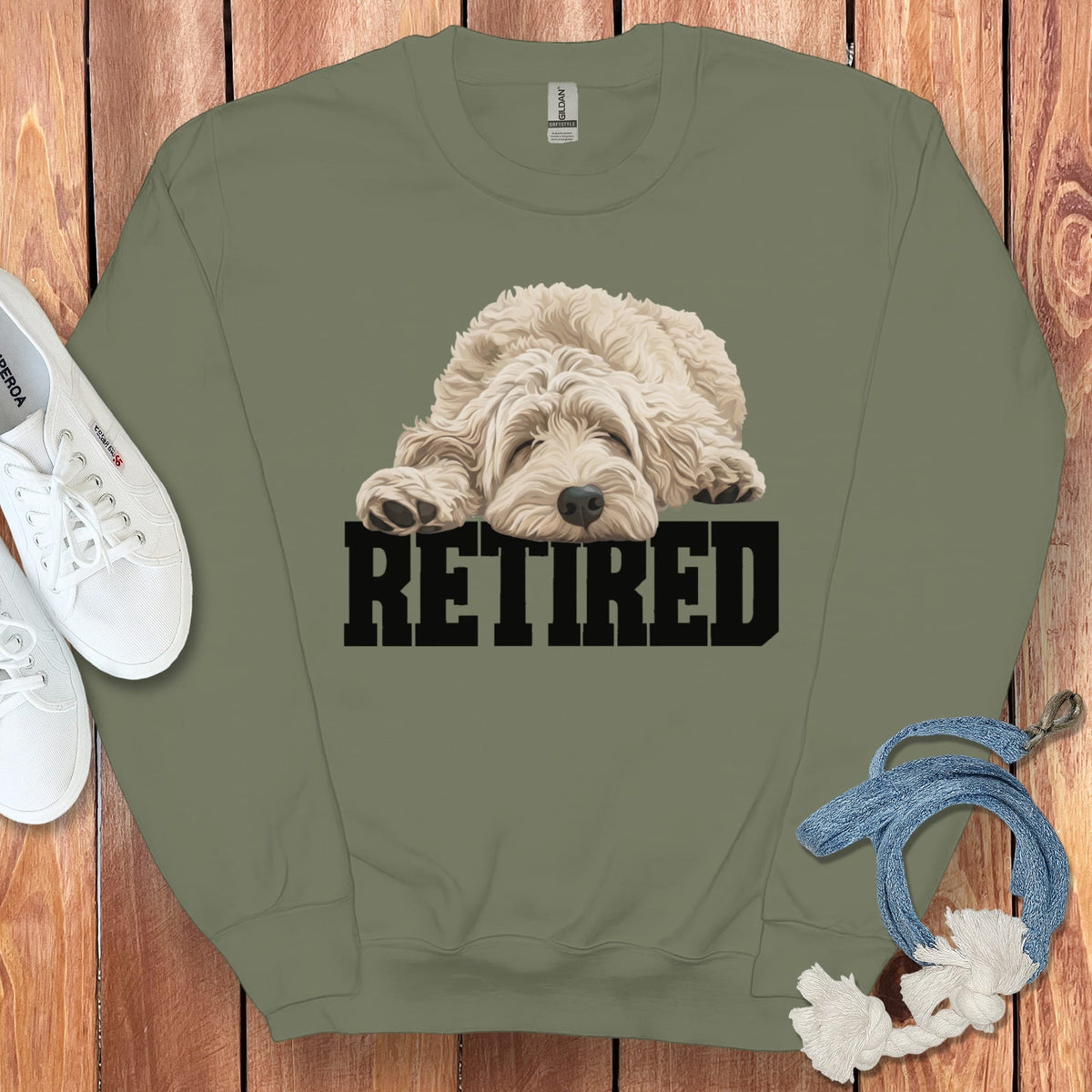 Retired Sleeping Cream Goldendoodle Sweatshirt in Military Green / S by Puppy Jo