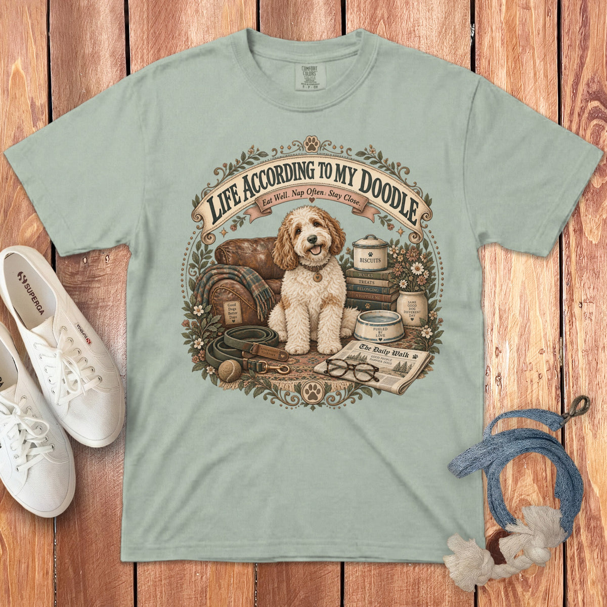 Light green t-shirt with a doodle dog graphic and text "Life According to My Doodle".