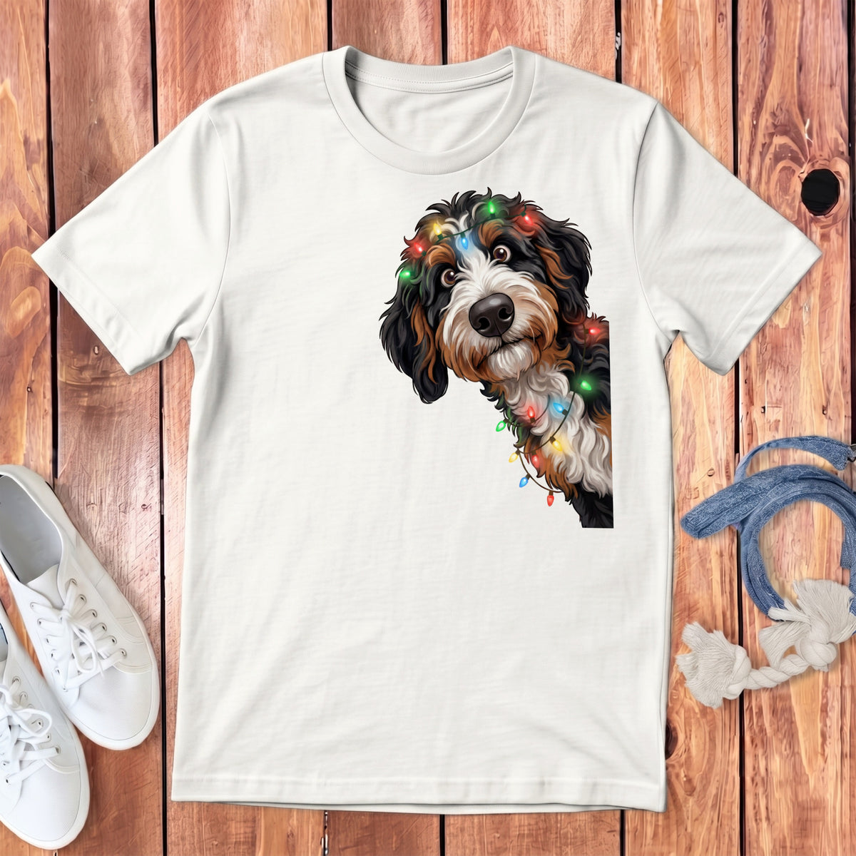 Bernese Mountain Dog with colorful Christmas lights on a white t-shirt.