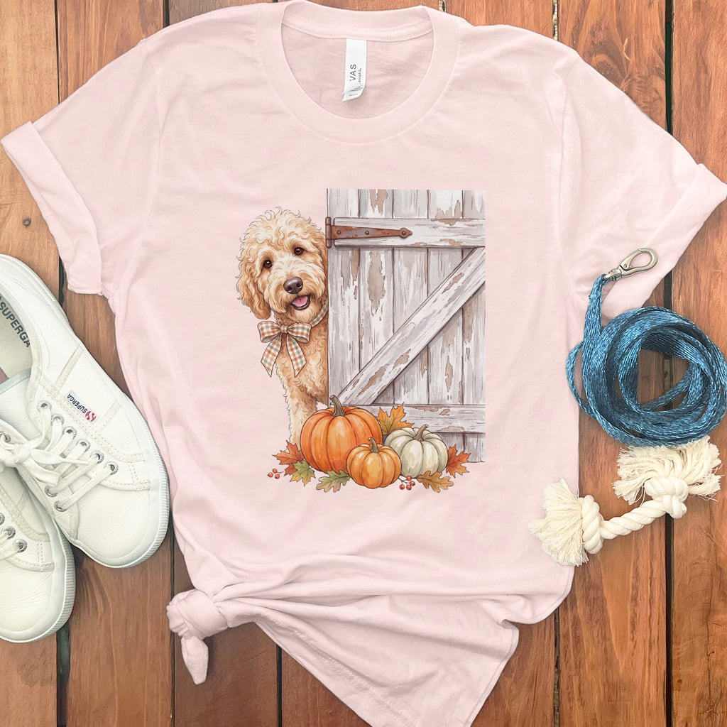 Cream Goldendoodle Barn Peeking T-Shirt in Soft Pink / S by Puppy Jo