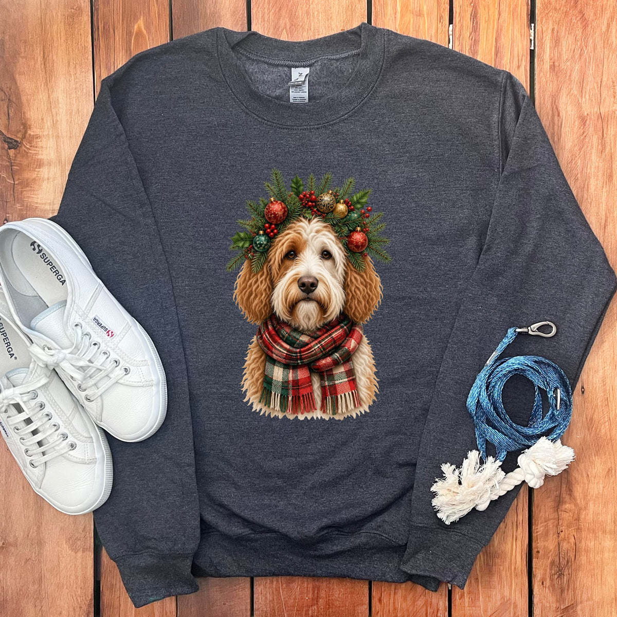 Parti Goldendoodle Holiday Crown Sweatshirt in Dark Heather / S by Puppy Jo