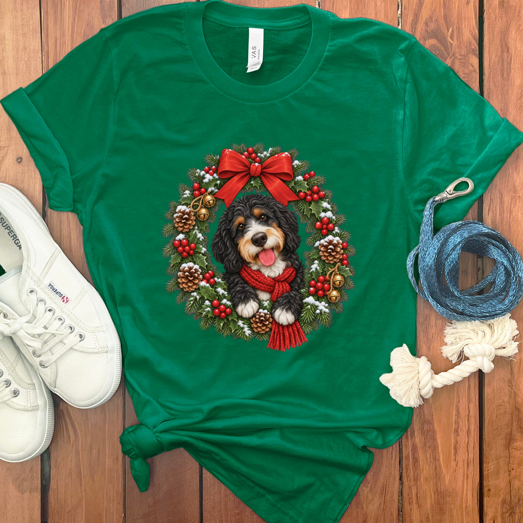 Kelly green t-shirt featuring a bernedoodle inside a Christmas wreath, accompanied by white sneakers and a blue leash.