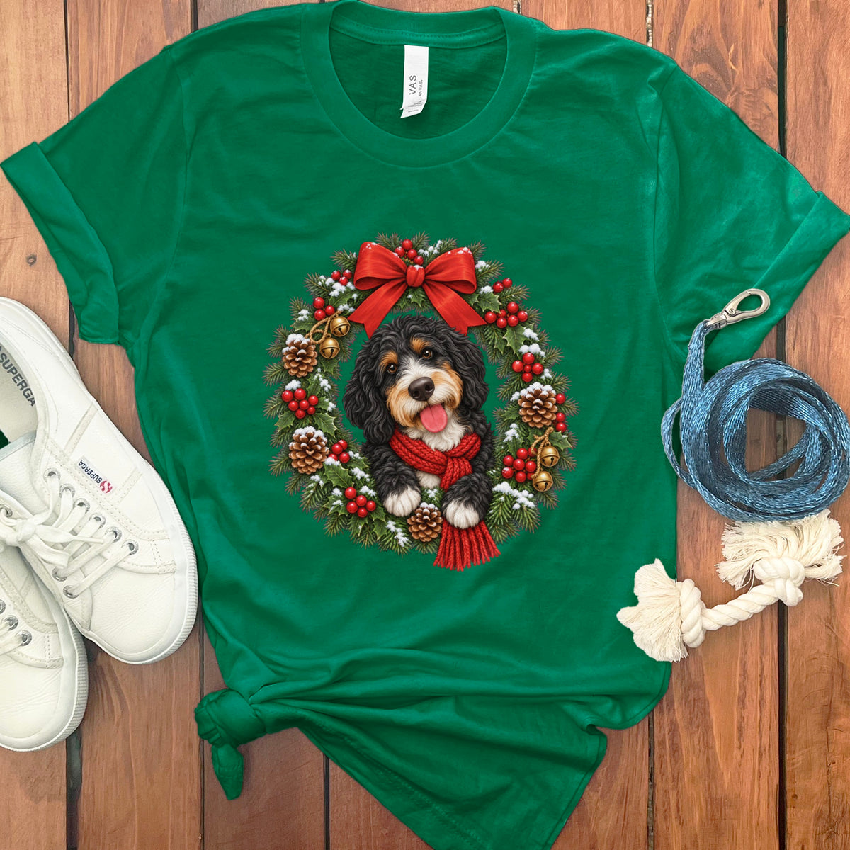 Kelly green t-shirt featuring a bernedoodle inside a Christmas wreath, accompanied by white sneakers and a blue leash.